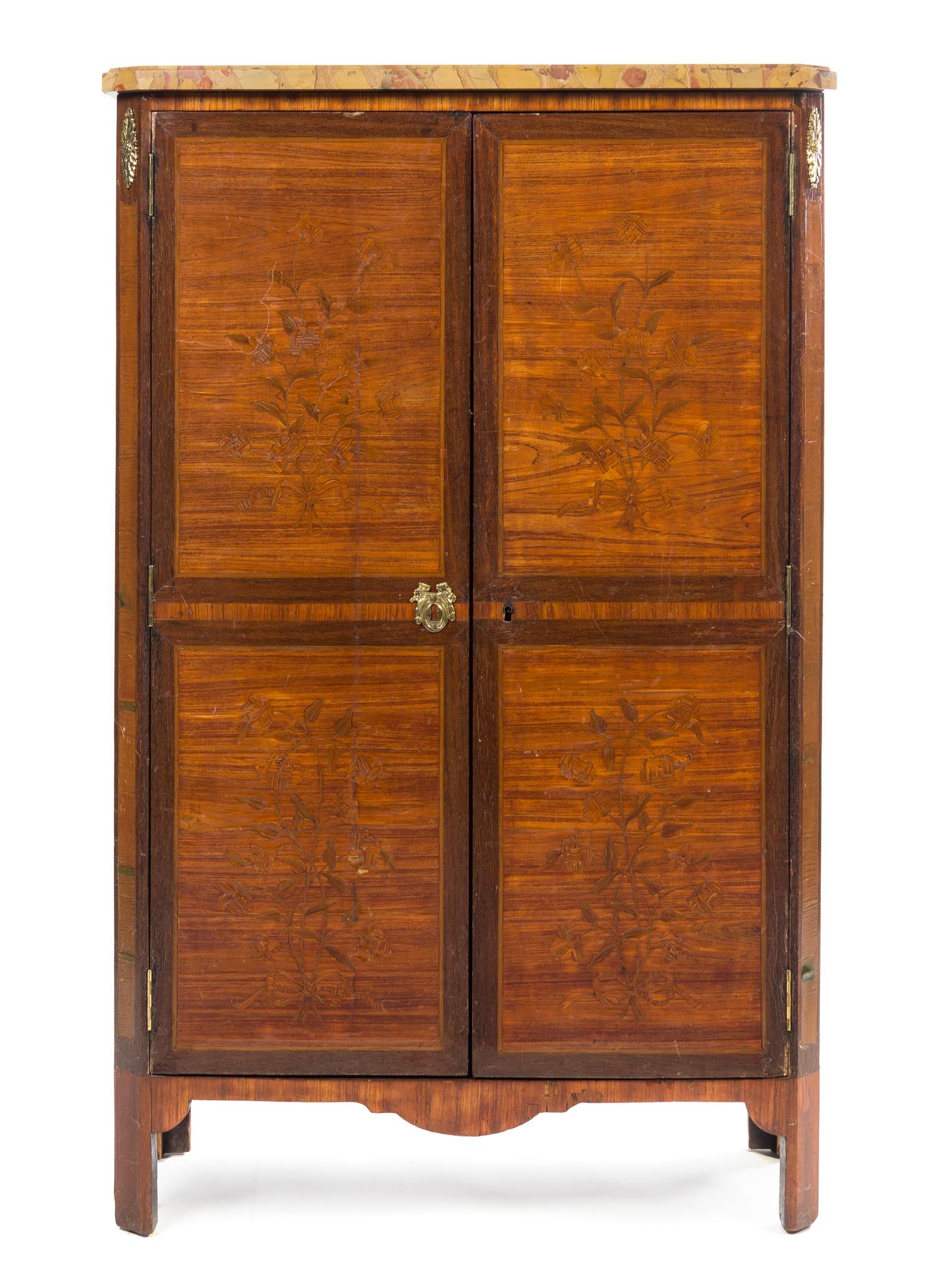 A Louis XV/XVI Transitional Style Marquetry Cabinet Height 56 x width 35 x depth 14 inches. — LATE 19TH/EARLY 20TH CENTURY