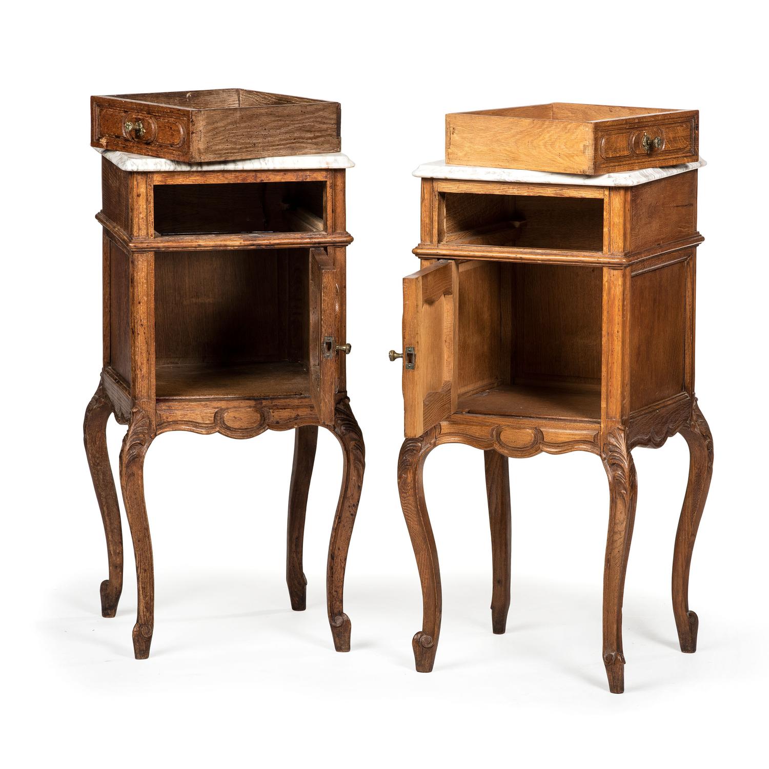 A Pair of Louis XV Provincial Style Carved Oak Marble Top Side Cabinets