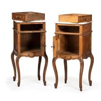 A Pair of Louis XV Provincial Style Carved Oak Marble Top Side Cabinets