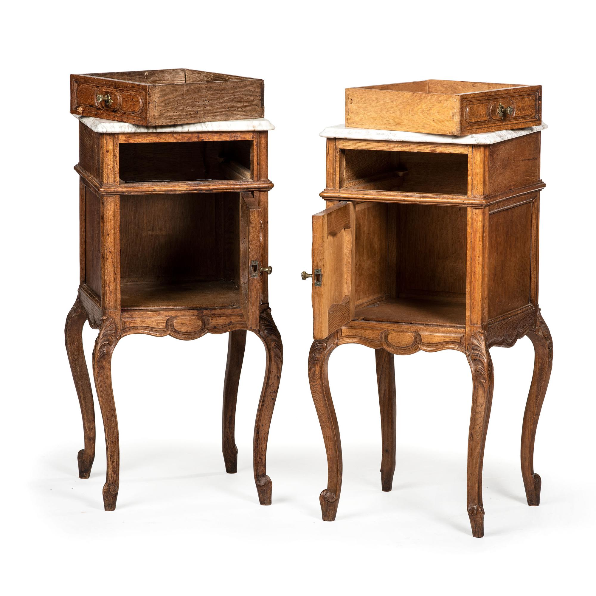 A Pair of Louis XV Provincial Style Carved Oak Marble Top Side Cabinets