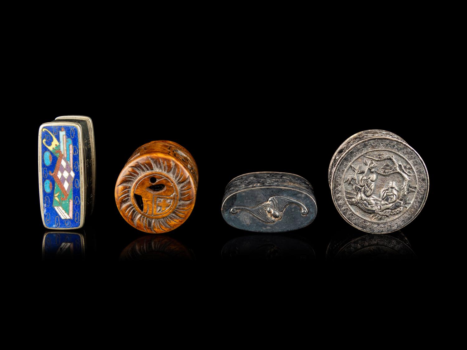 Four Chinese Covered Boxes and A Silvered Metal Mounted Bamboo Opium Pipe