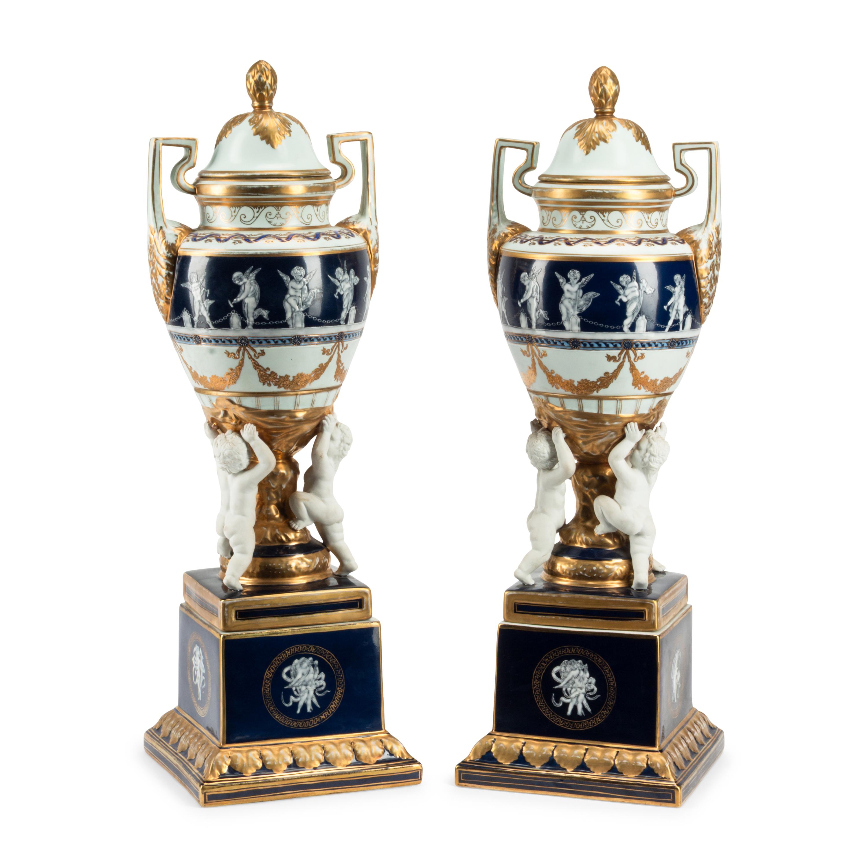 A Pair of Pâte-sur-Pâte Urns