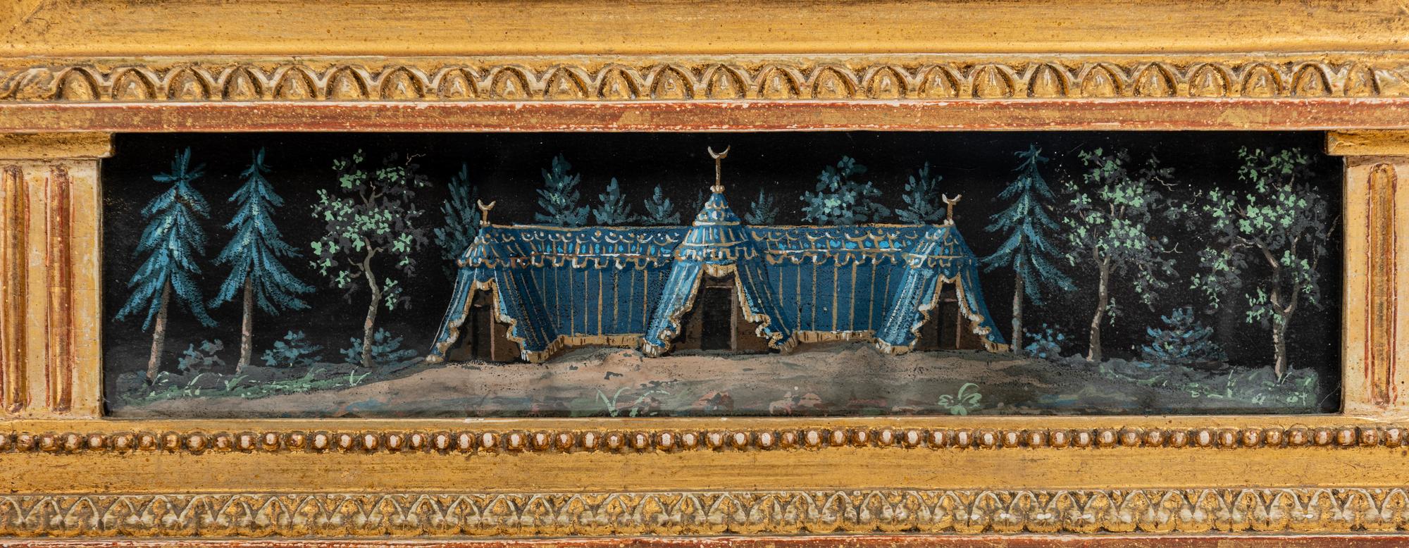 A North European Neoclassical Gouache Panel Inset Giltwood Mirror