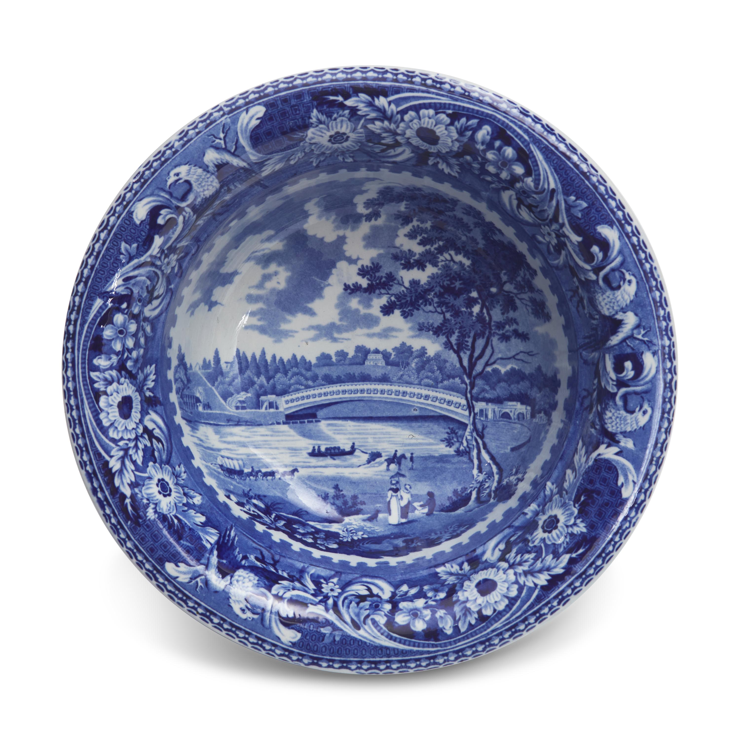 A Group of Staffordshire Historical Blue Upper Ferry Bridge Over the River Schuylkill Transferware, Joseph Stubbs, Burslem, 1790-1829