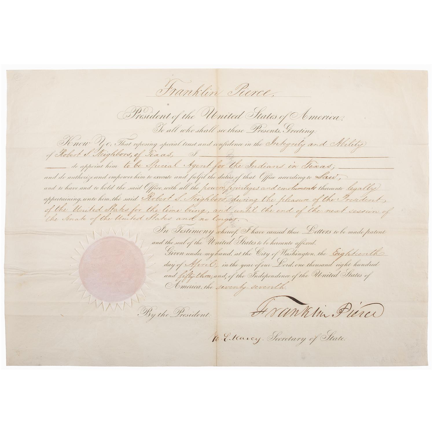 Franklin Pierce Presidential Signed Appointment for Texas Ranger Robert S. Neighbors as Special Agent for Indians in Texas