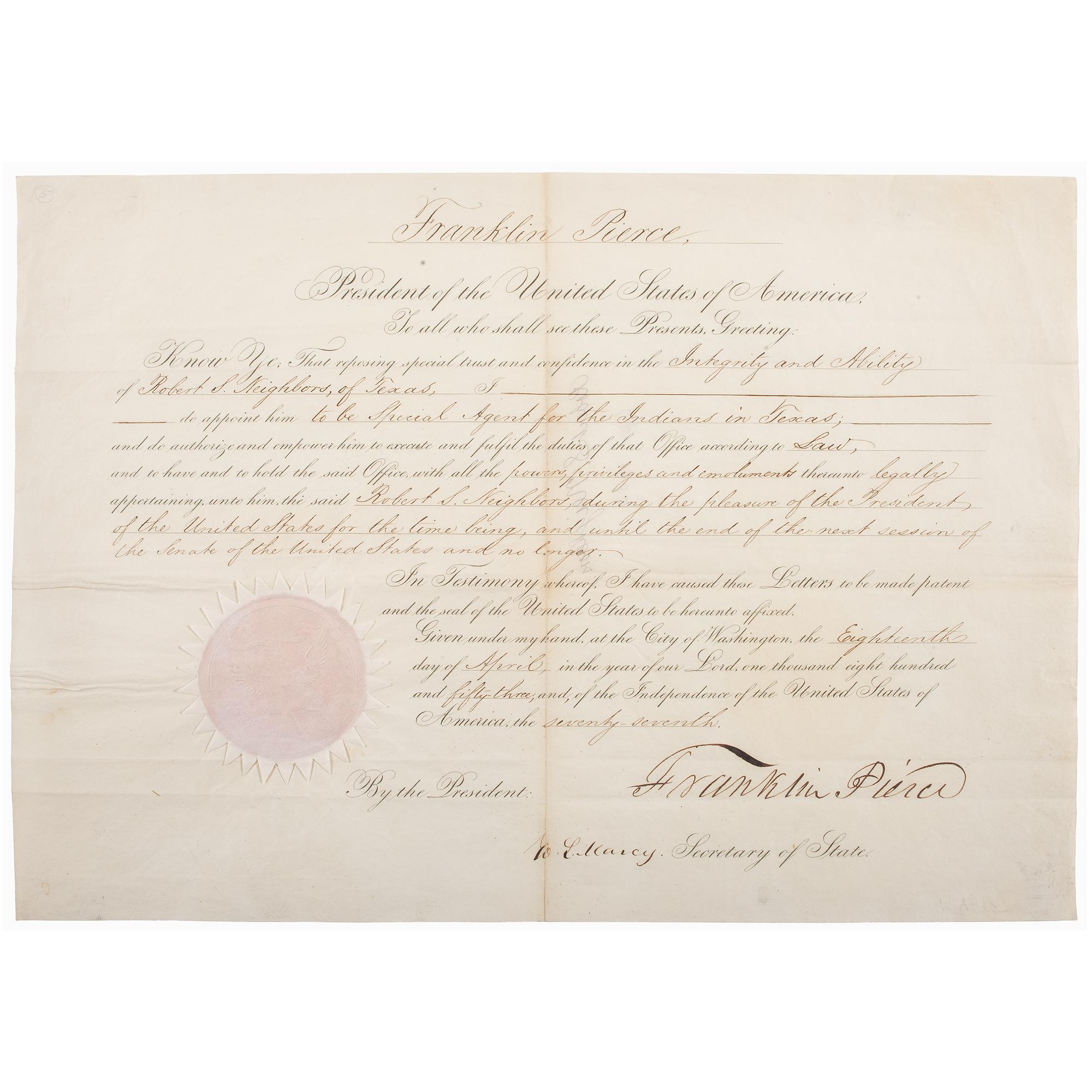 Franklin Pierce Presidential Signed Appointment for Texas Ranger Robert S. Neighbors as Special Agent for Indians in Texas