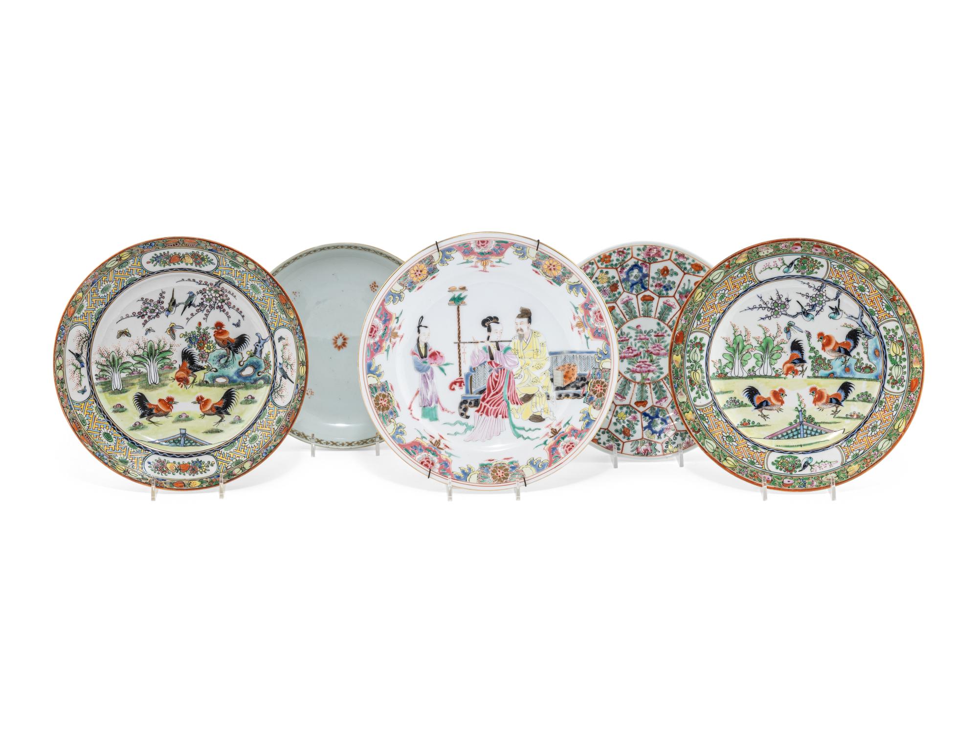 Five Chinese Export Famille Rose Porcelain Plates
