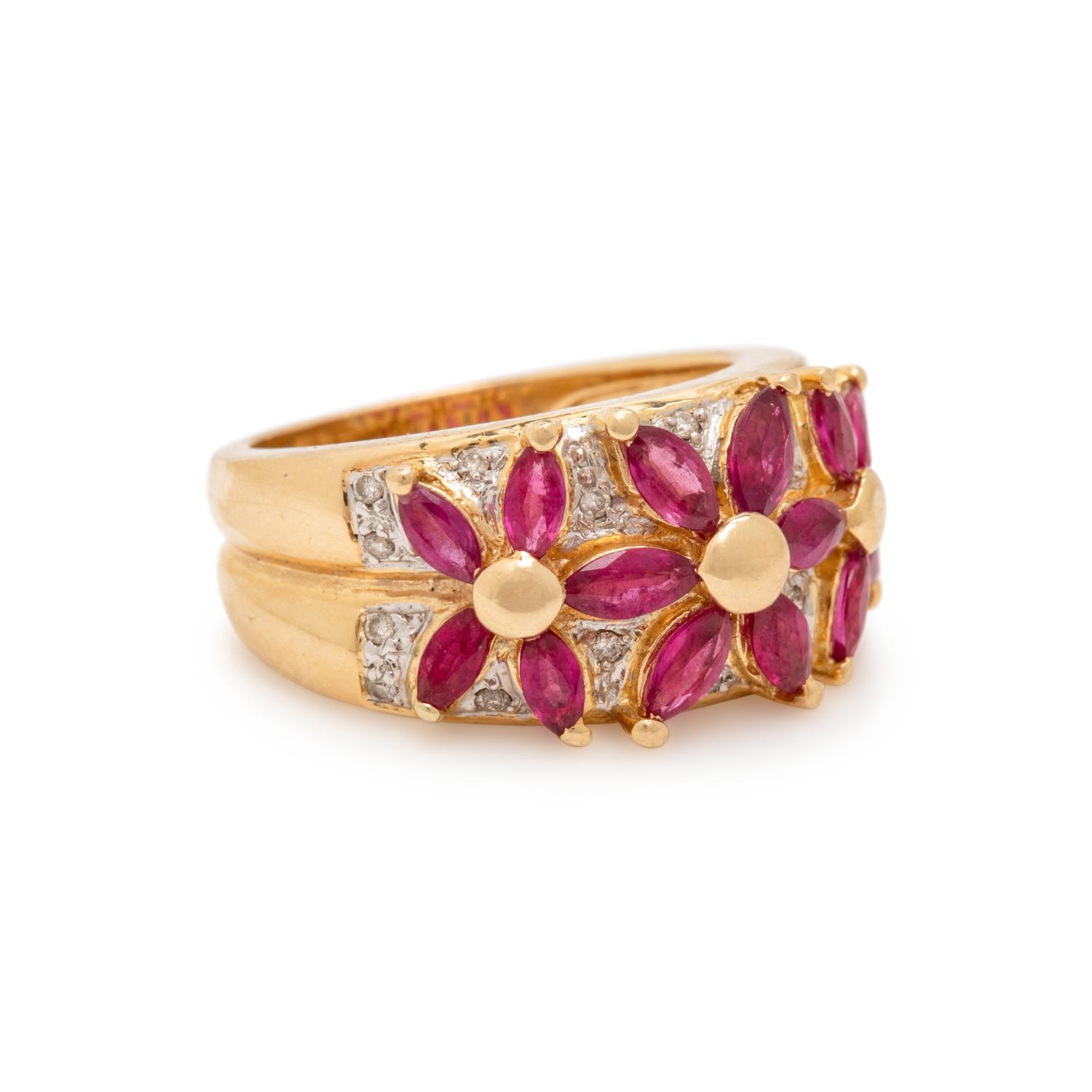 Yellow Gold, Ruby, and Diamond Flower Ring