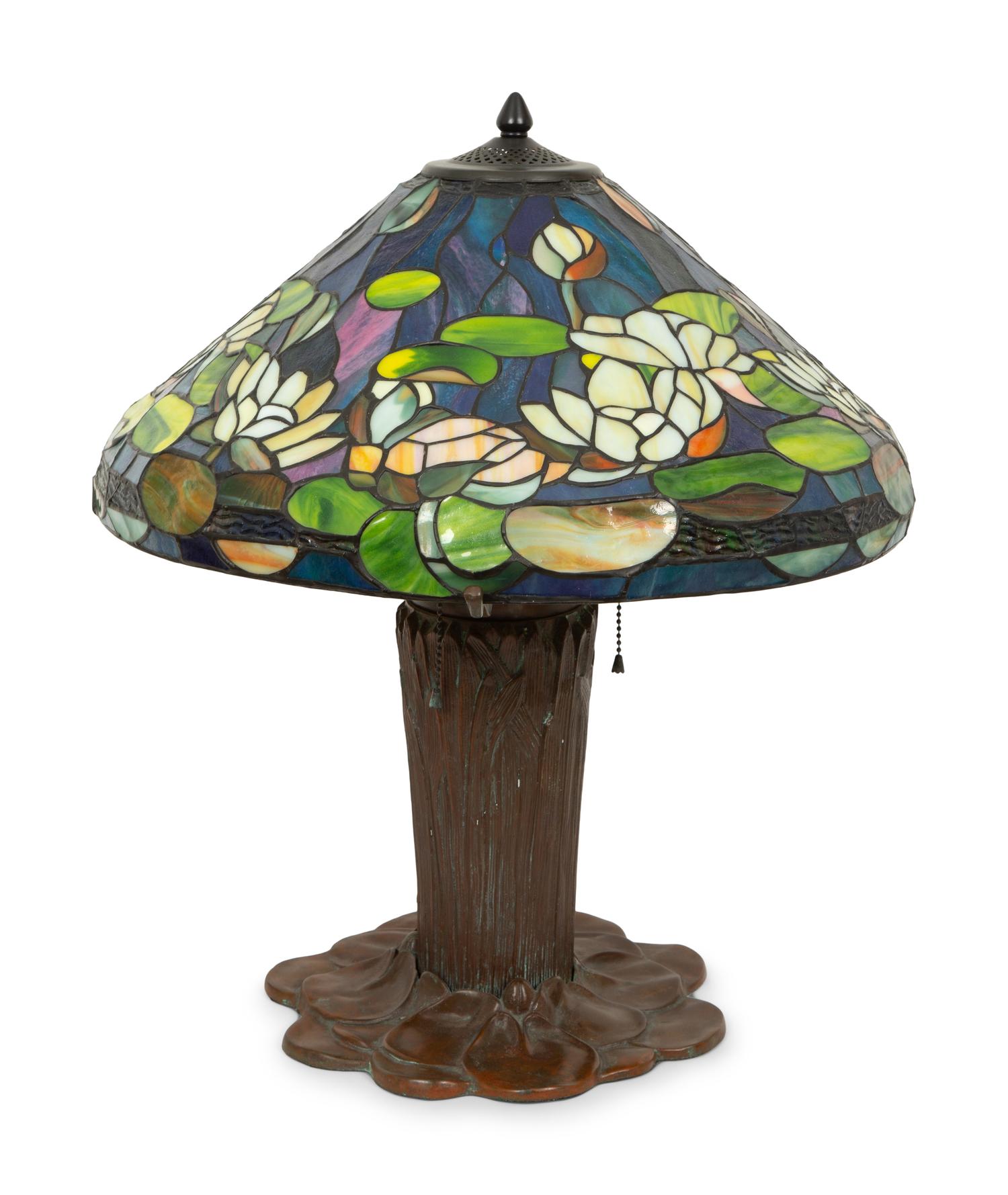 A Gilbertson's Studio Leaded Glass and Bronze Water Lily Lamp