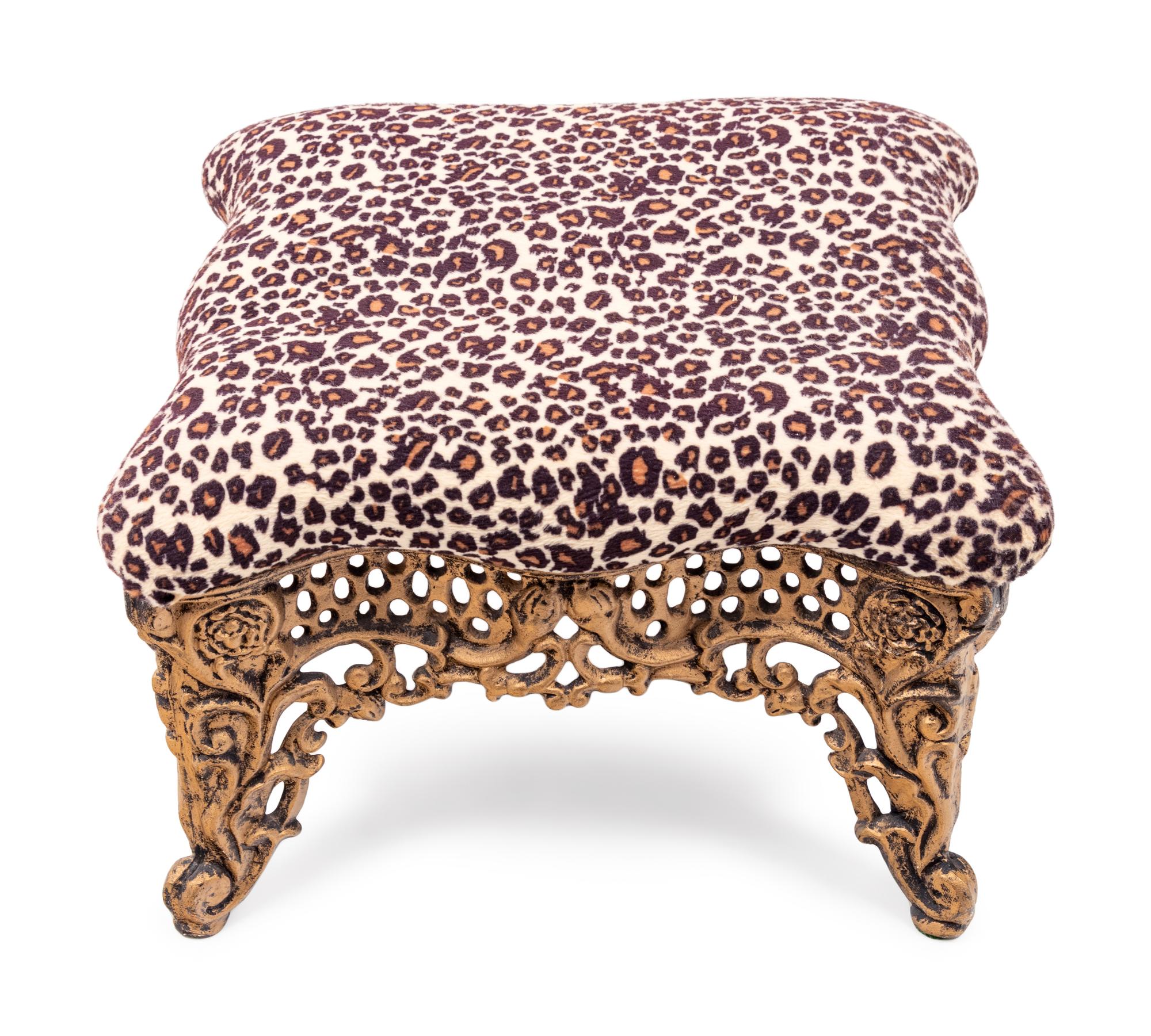 A Brass Foot Stool with Cheetah Print Upholstery