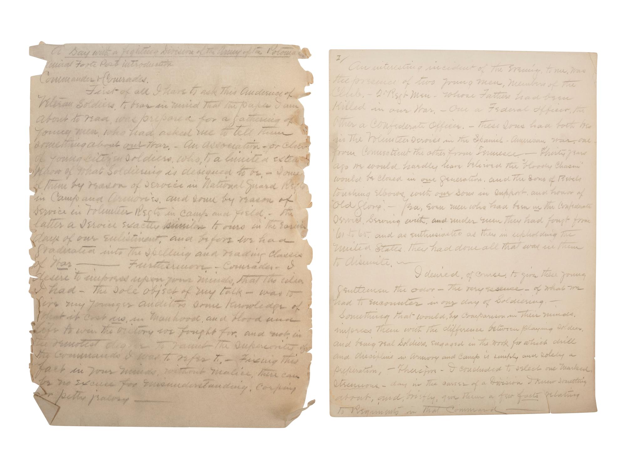 [CIVIL WAR]. 24pp speech written post-war by 2nd NY State Militia veteran, regarding Antietam.
