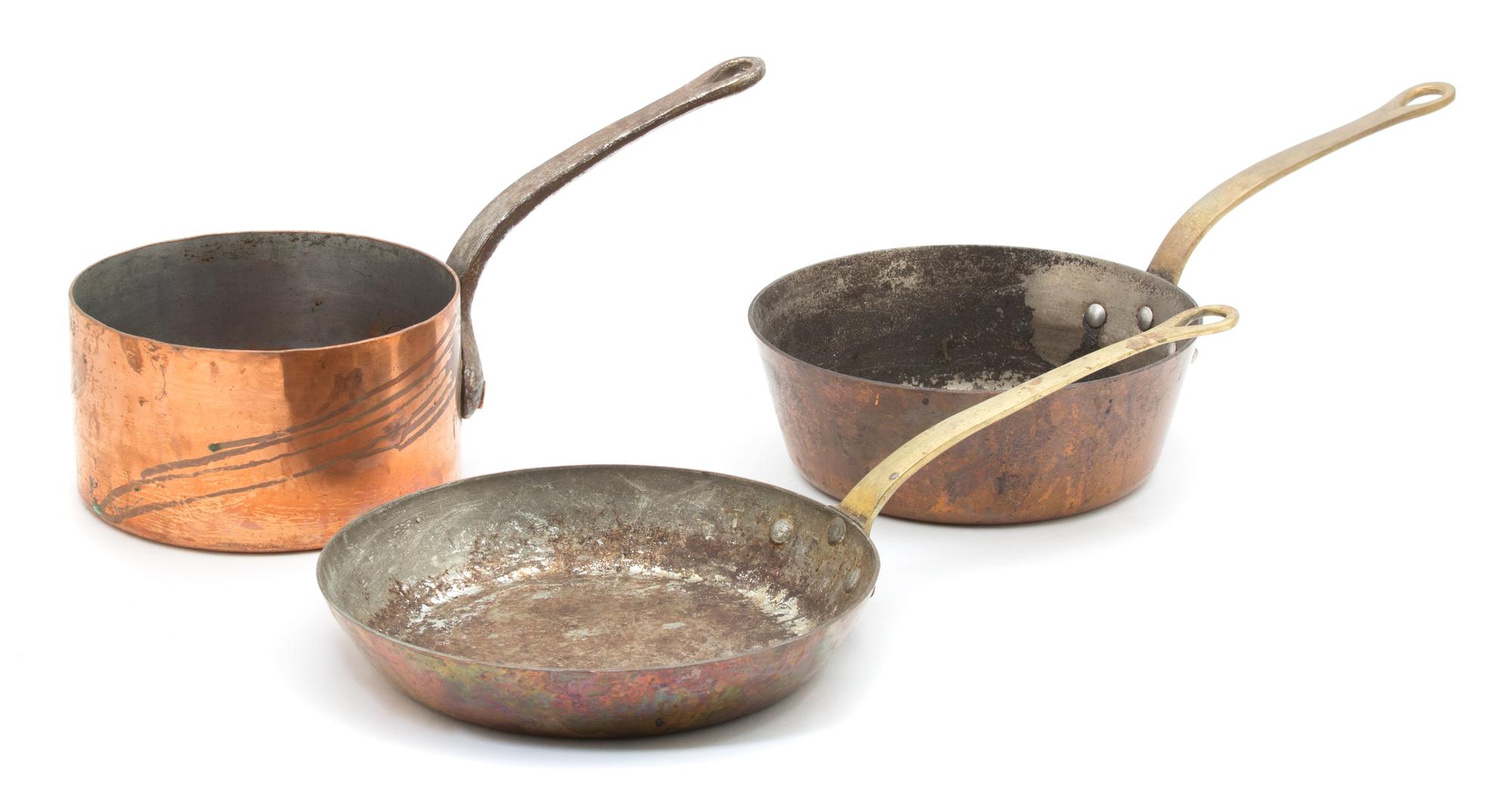 Three Vintage French Copper and Steel Cooking Vessels Length of largest 19 1/2 inches. — 19TH CENTURY