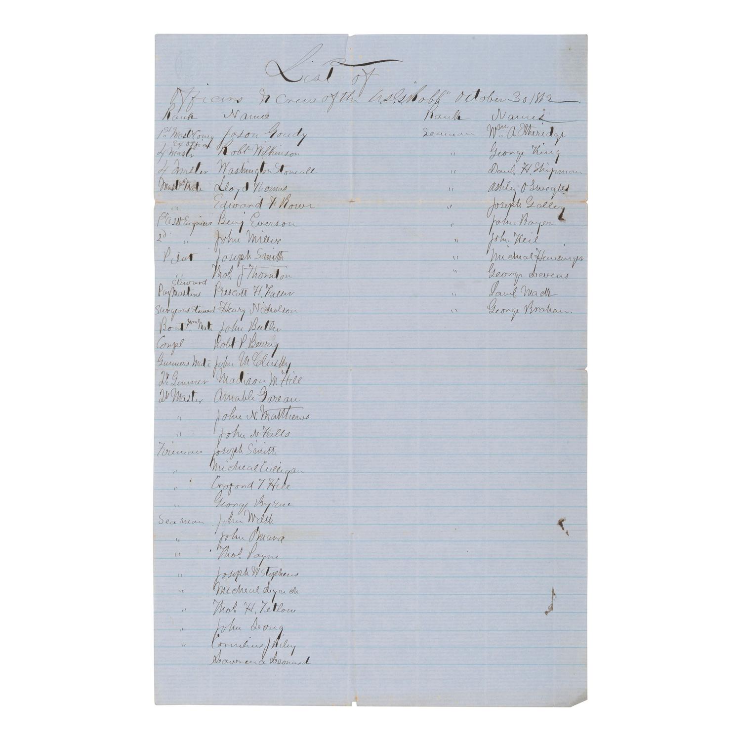 [CIVIL WAR]. GWIN, William (1832-1863). A group of 2 crew lists related to the Western Flotilla and US Naval Officer Lieutenant Commander William Gwin, comprising: