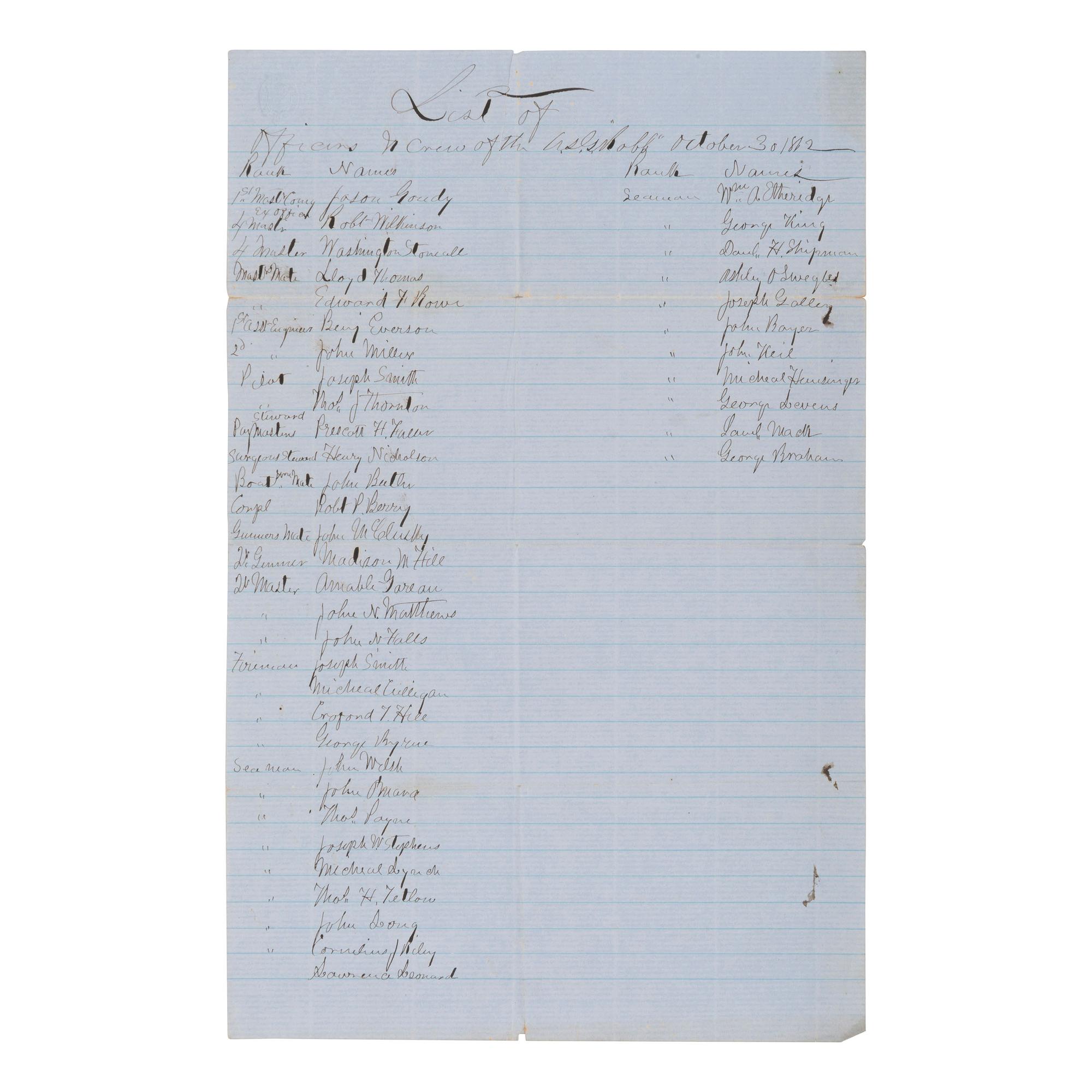 [CIVIL WAR]. GWIN, William (1832-1863). A group of 2 crew lists related to the Western Flotilla and US Naval Officer Lieutenant Commander William Gwin, comprising: