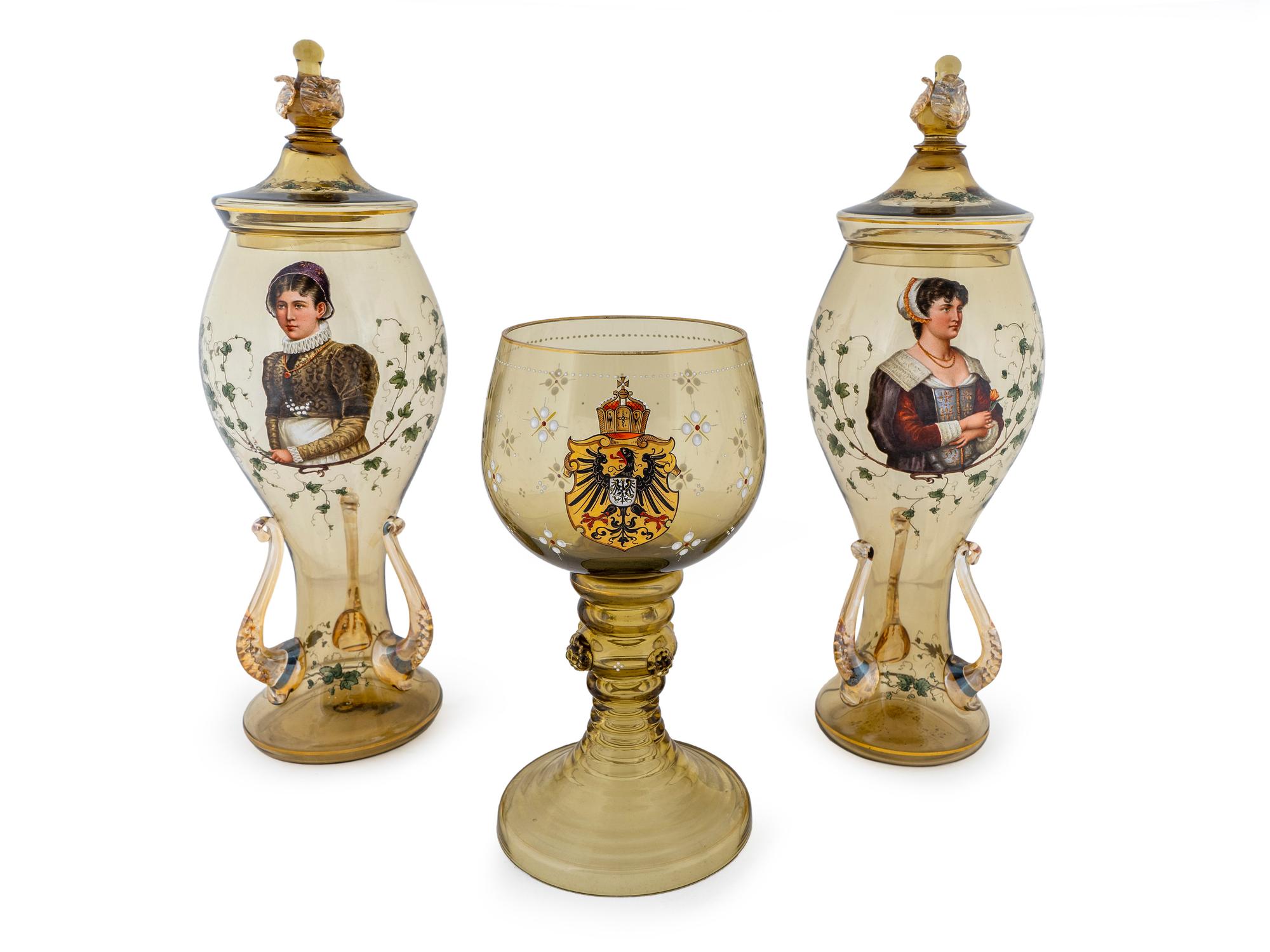 A Pair of Bohemian Enameled Glass Pokals and a Roehmer — EARLY 20TH CENTURY