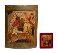 A Russian Painted Wood Icon Depicting St. George Slaying the Dragon