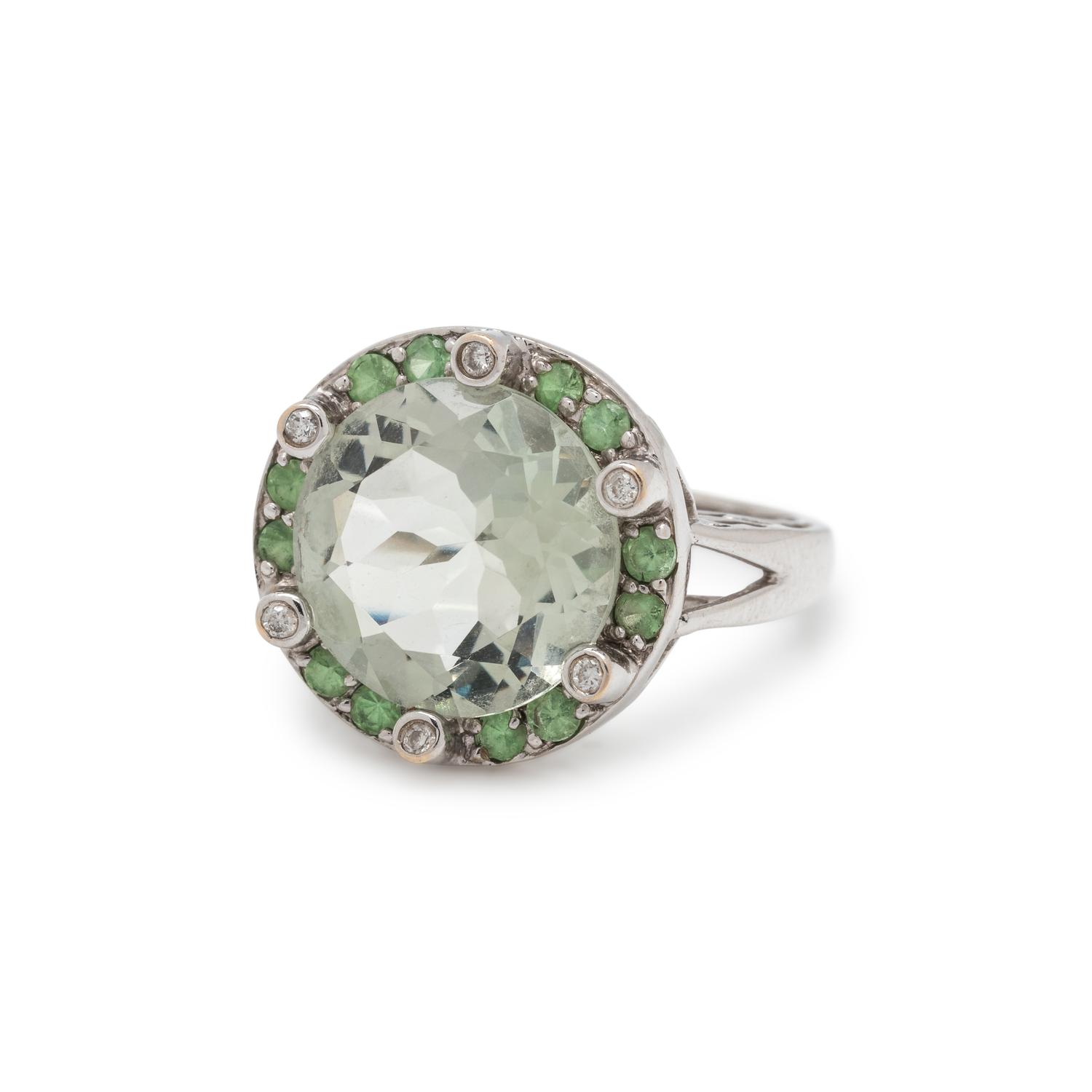 GREEN QUARTZ AND DIAMOND RING
