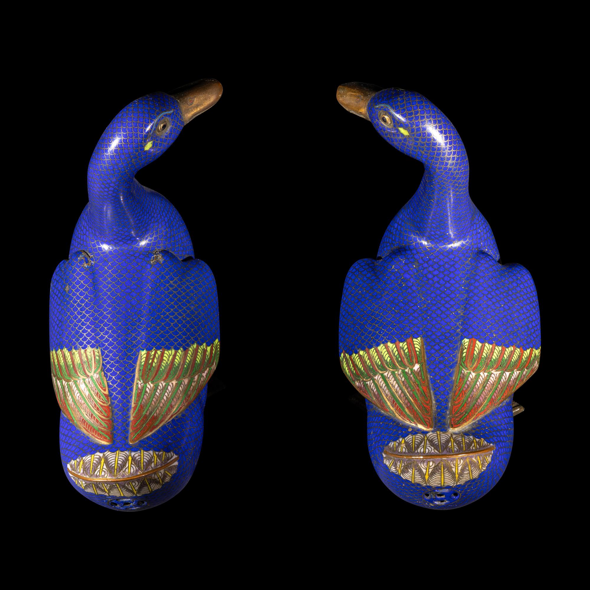 A Pair of Chinese Cloisonne Enamel Figures of Ducks