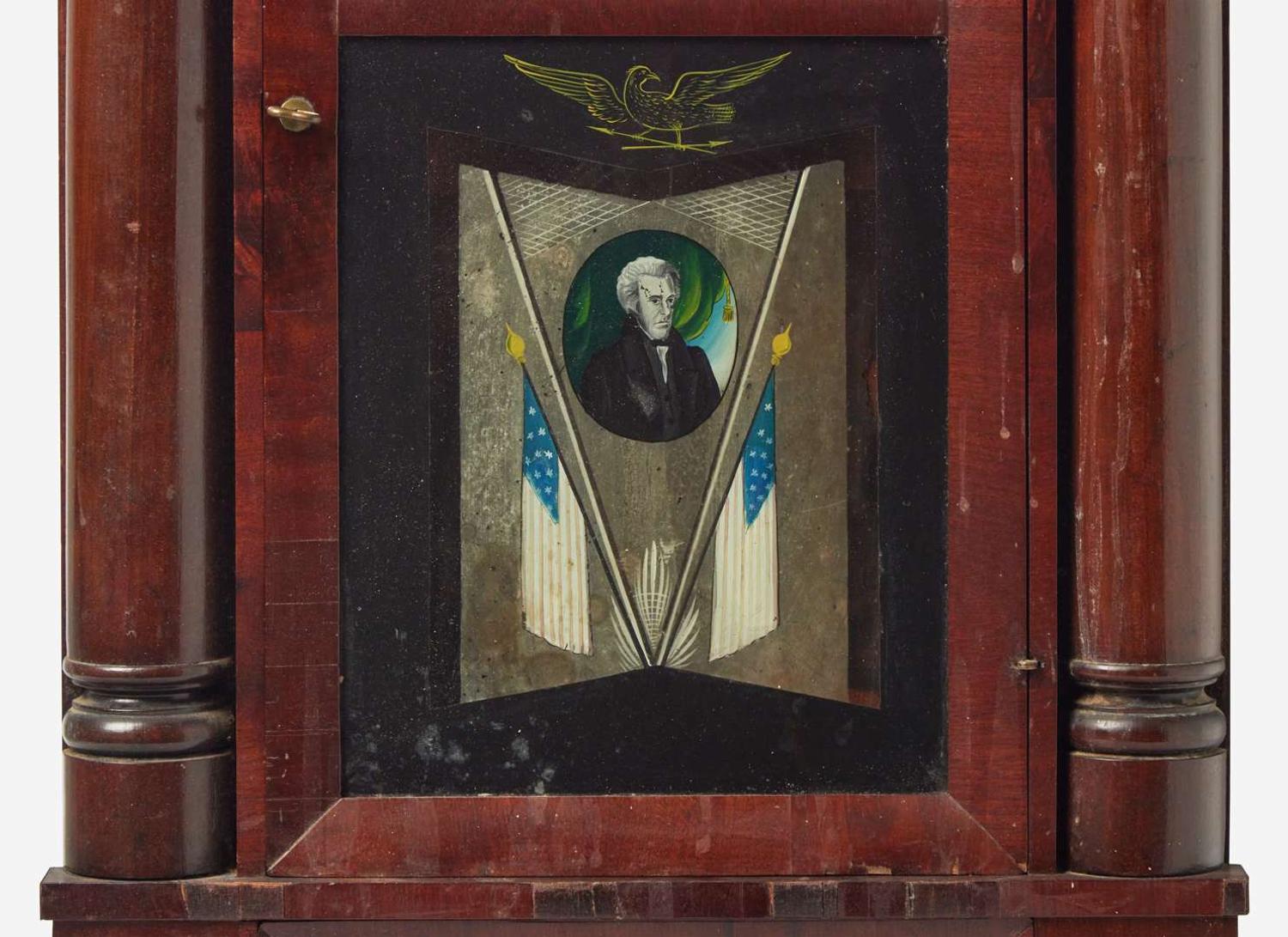A Classical mahogany mantel clock with Andrew Jackson eglomise panel, bears printed paper label of J.C. Brown, Forrestville, CT, circa 1835