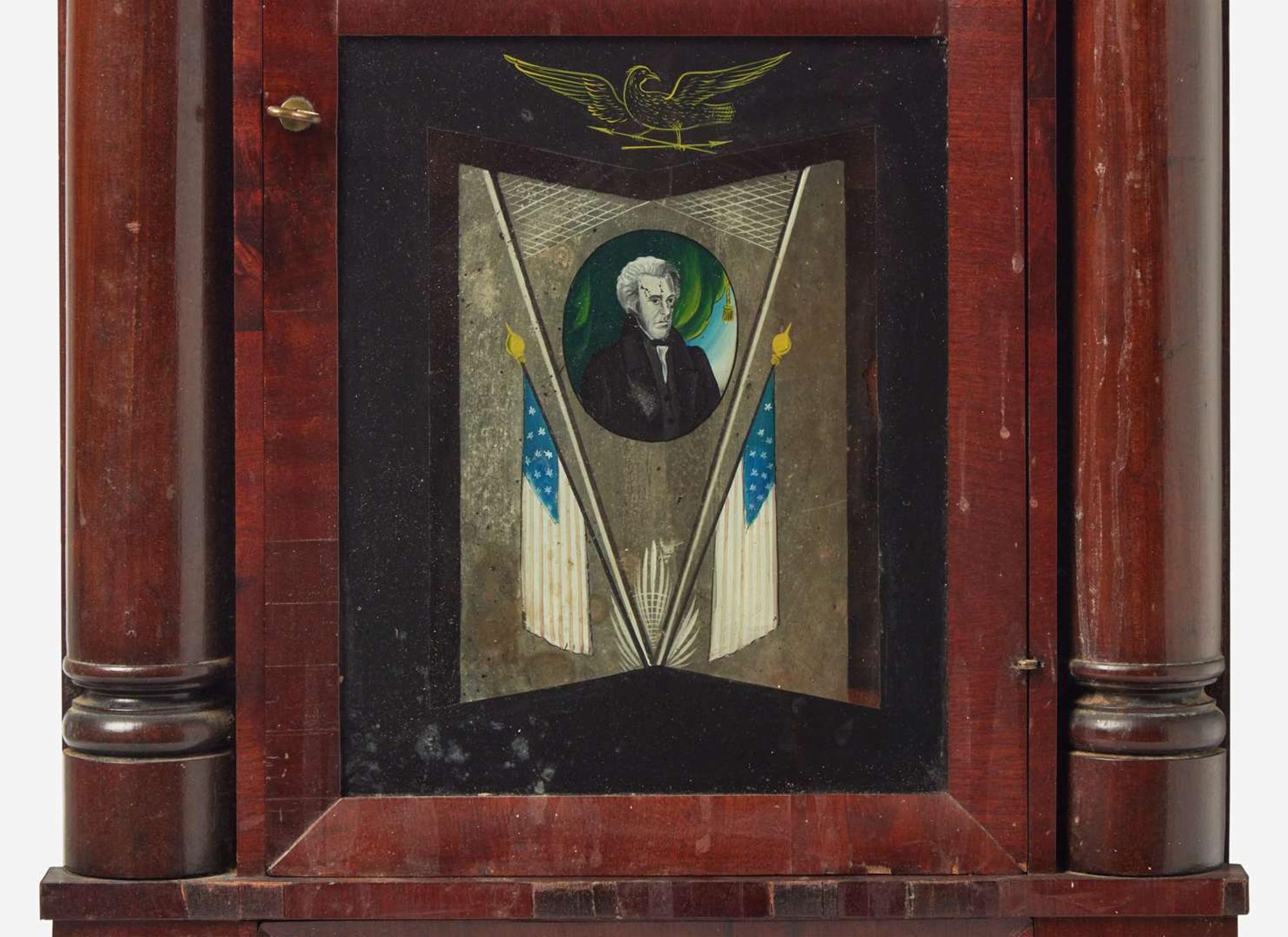 A Classical mahogany mantel clock with Andrew Jackson eglomise panel, bears printed paper label of J.C. Brown, Forrestville, CT, circa 1835