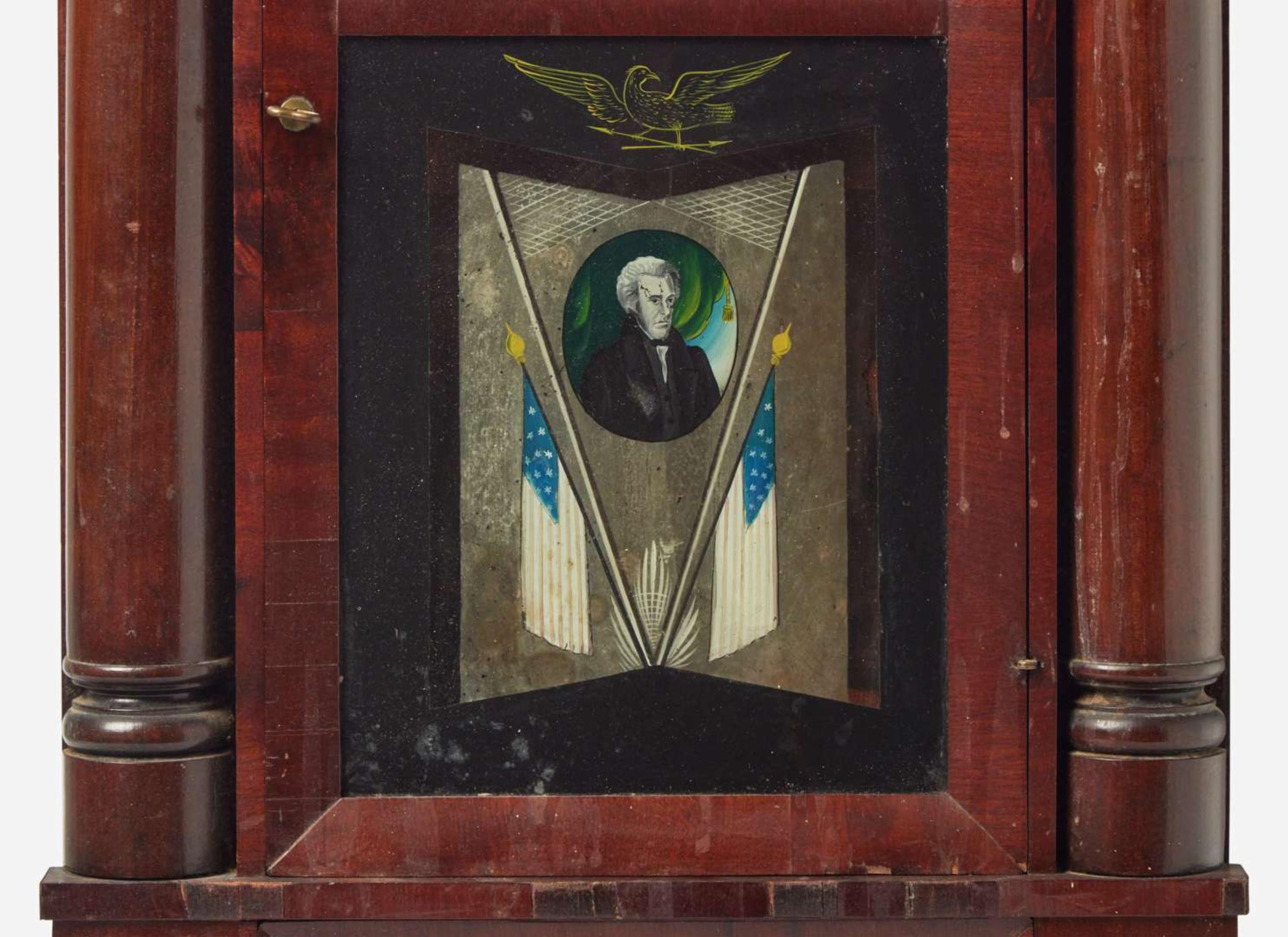 A Classical mahogany mantel clock with Andrew Jackson eglomise panel, bears printed paper label of J.C. Brown, Forrestville, CT, circa 1835