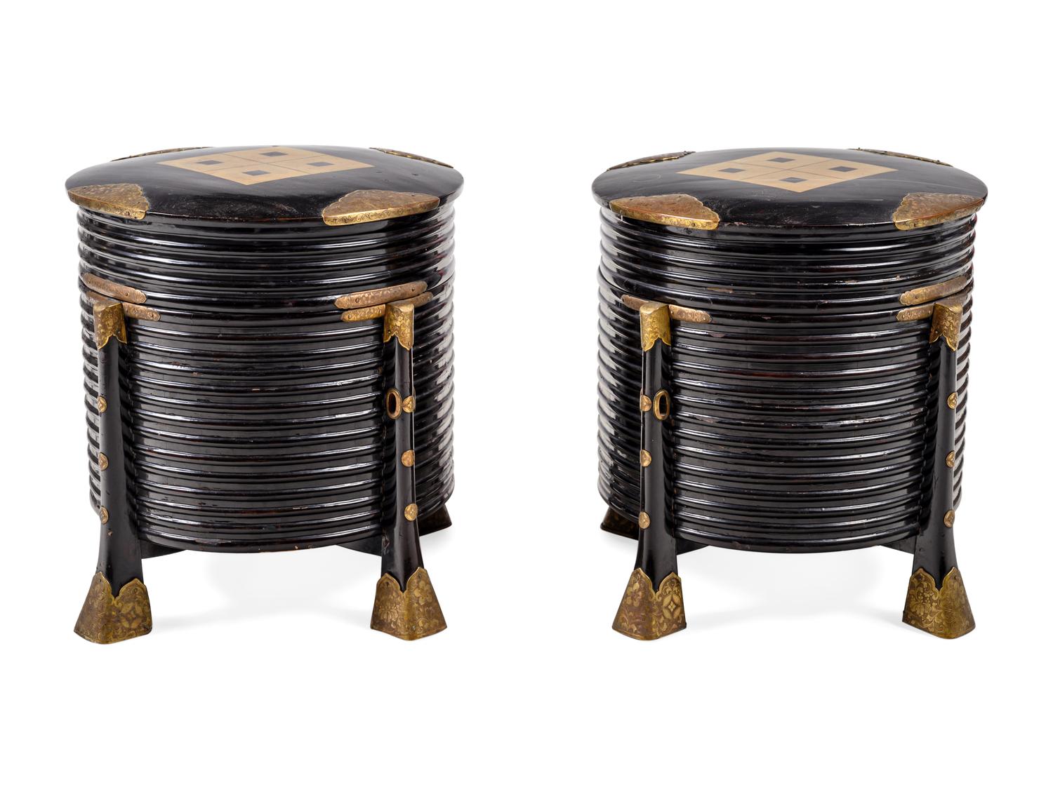 A Pair of Japanese Brass-Mounted Black Lacquer Boxes