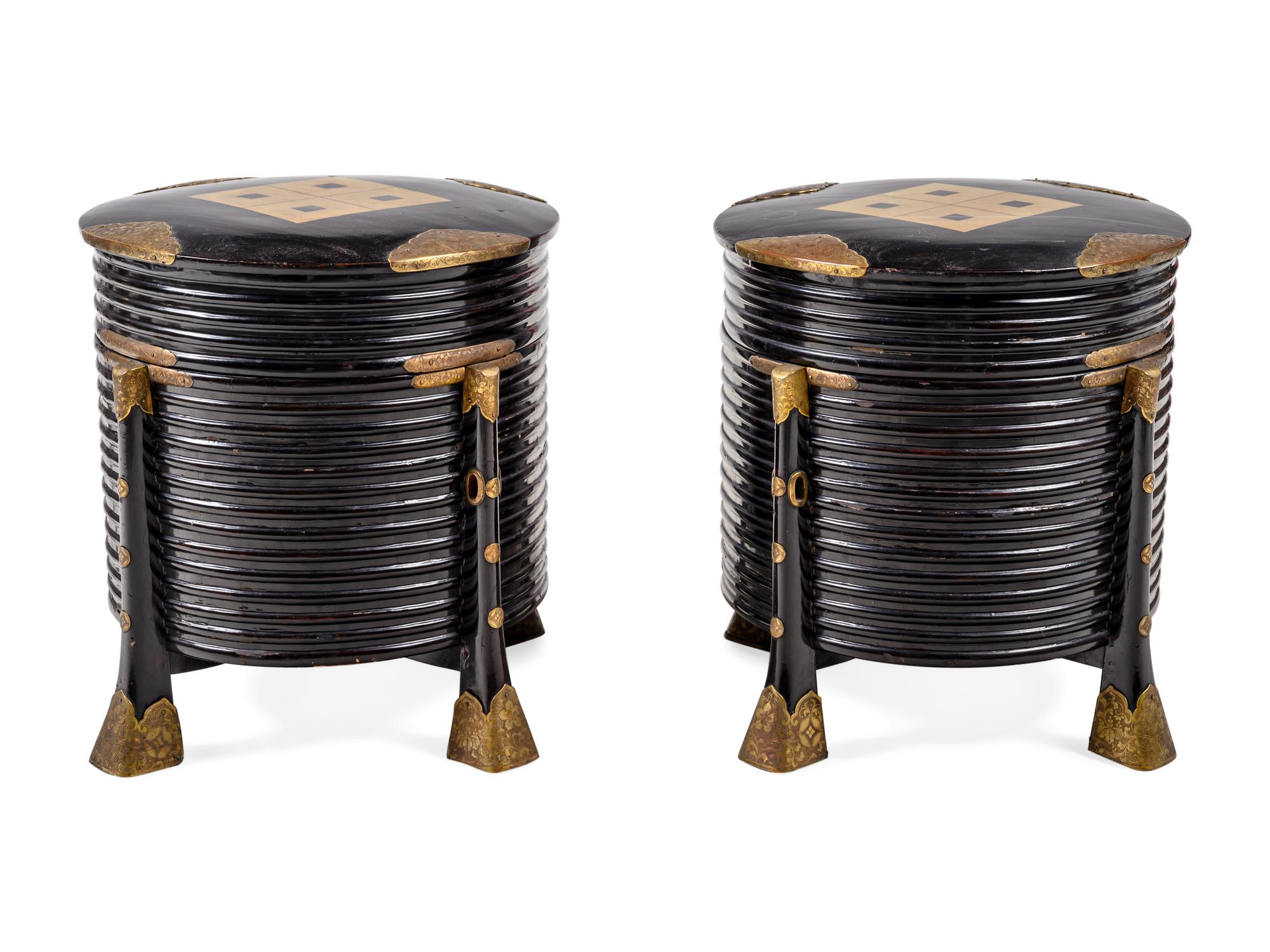 A Pair of Japanese Brass-Mounted Black Lacquer Boxes