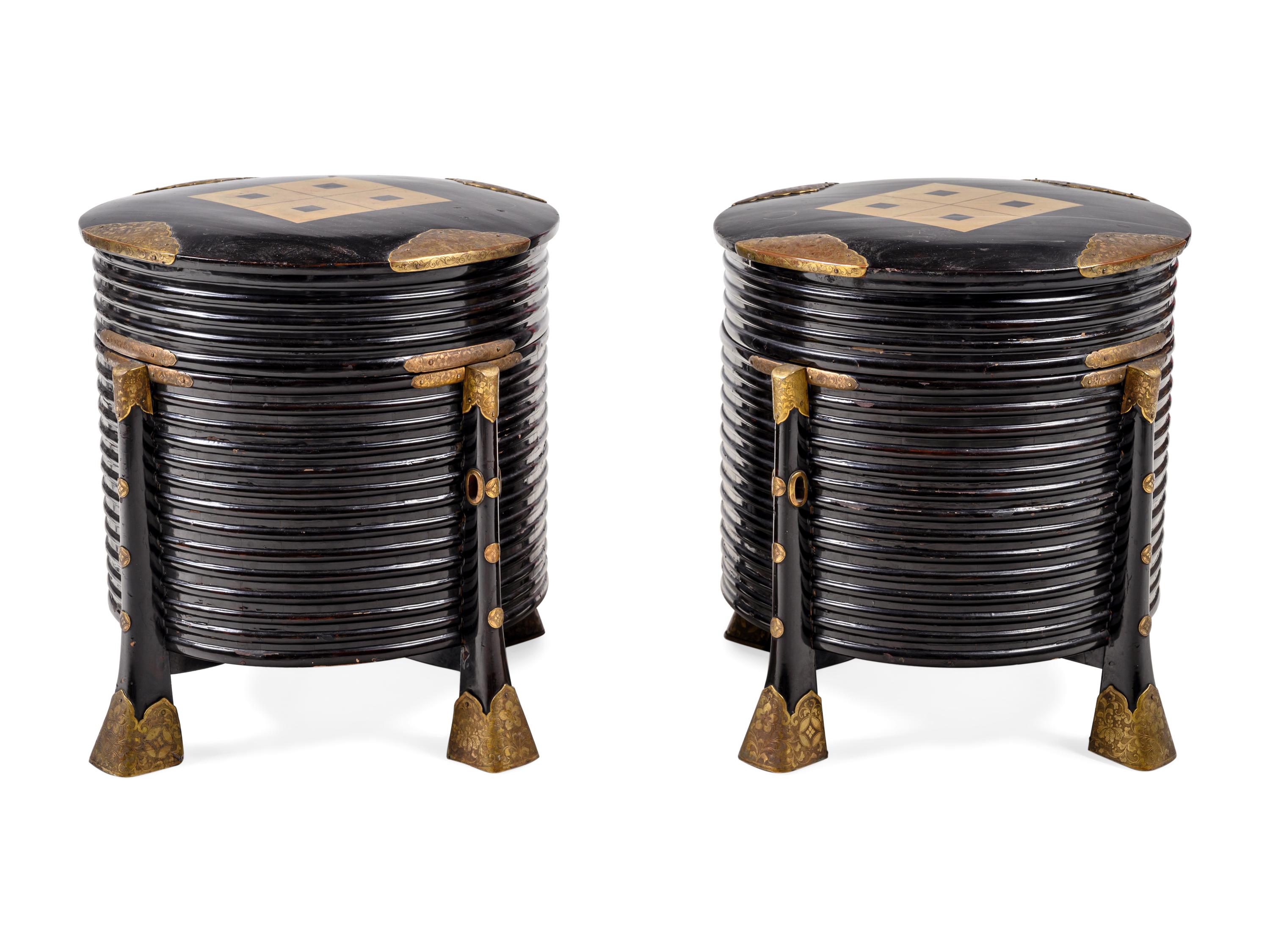 A Pair of Japanese Brass-Mounted Black Lacquer Boxes