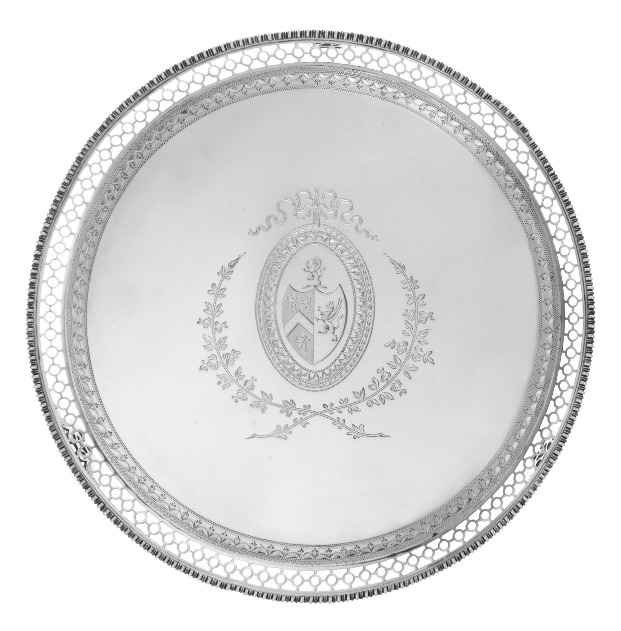 A George III Silver Salver, Richard Rugg I, London, 1773, having a gadrooned rim surrounding a pierced and foliate decorated border, ce