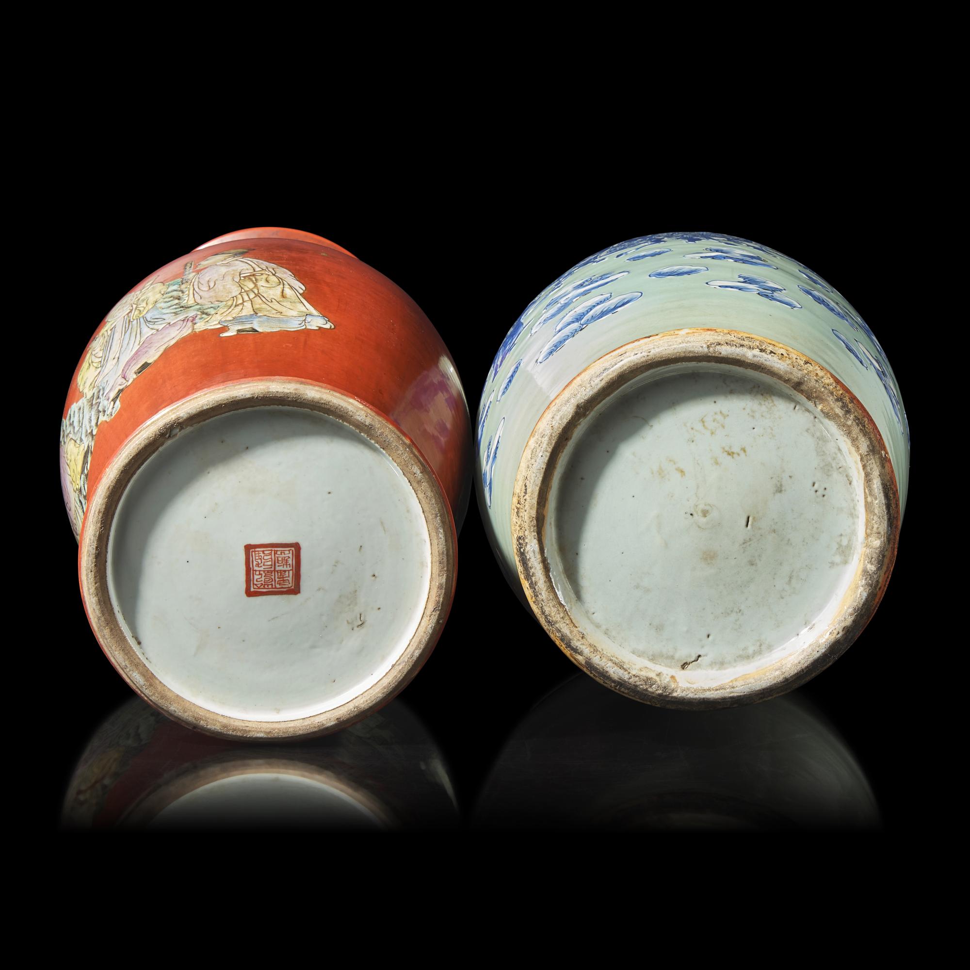 Two Large Chinese Porcelain 'Figural' Vases 粉彩、青花人物圖賞瓶兩件