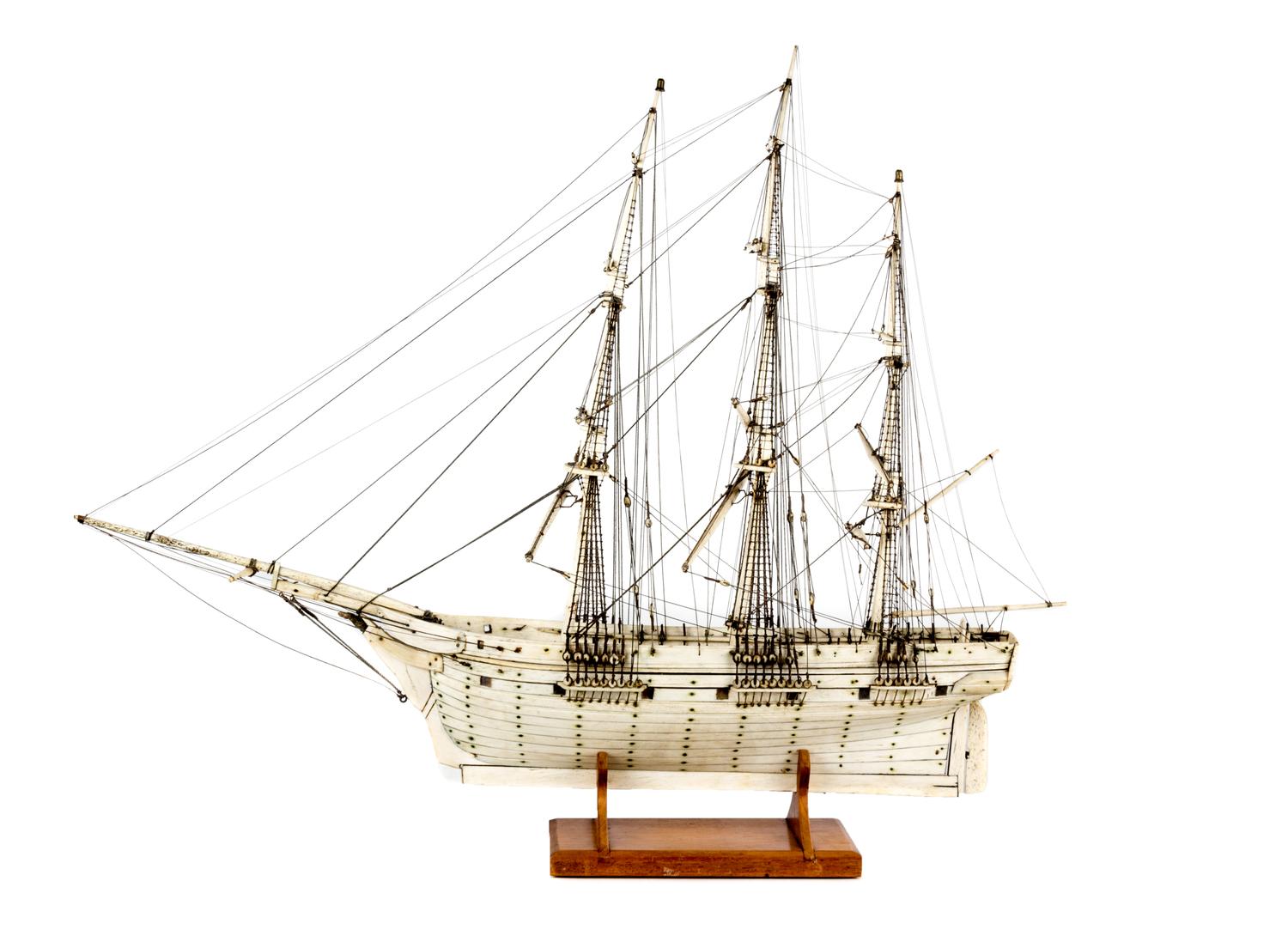 An American Bone Model of a Three-Masted Colonial Schooner, Halifax, 1768 Height 32 inches.