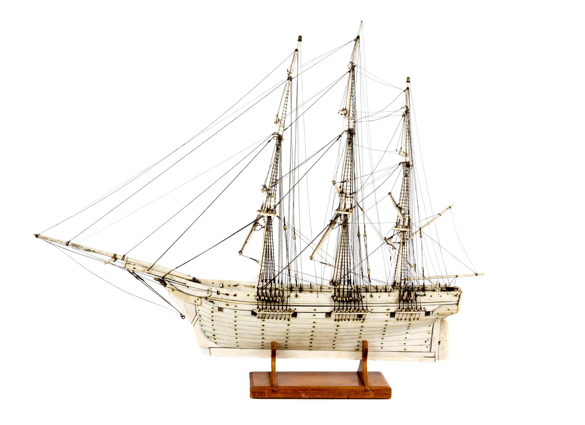 An American Bone Model of a Three-Masted Colonial Schooner, Halifax, 1768 Height 32 inches.