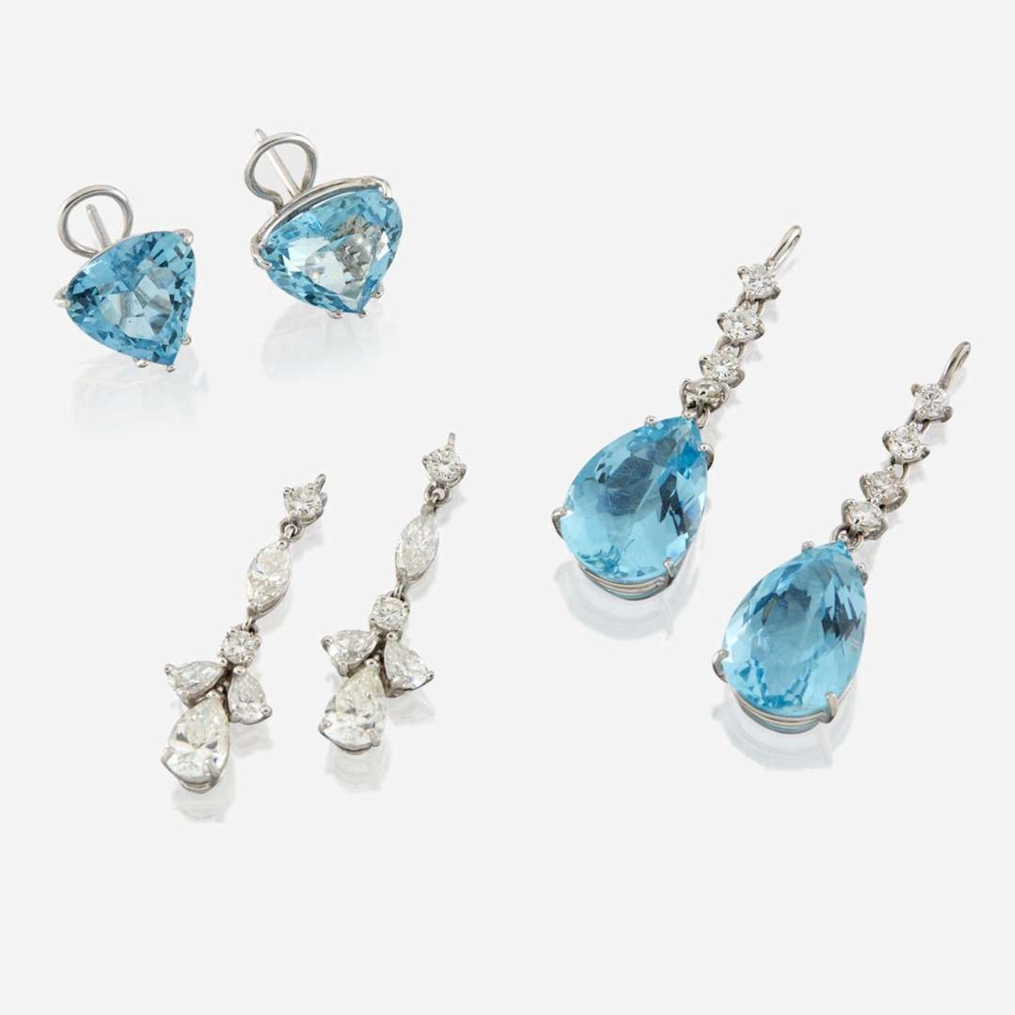 A pair of aquamarine, diamond, and white gold convertible earrings