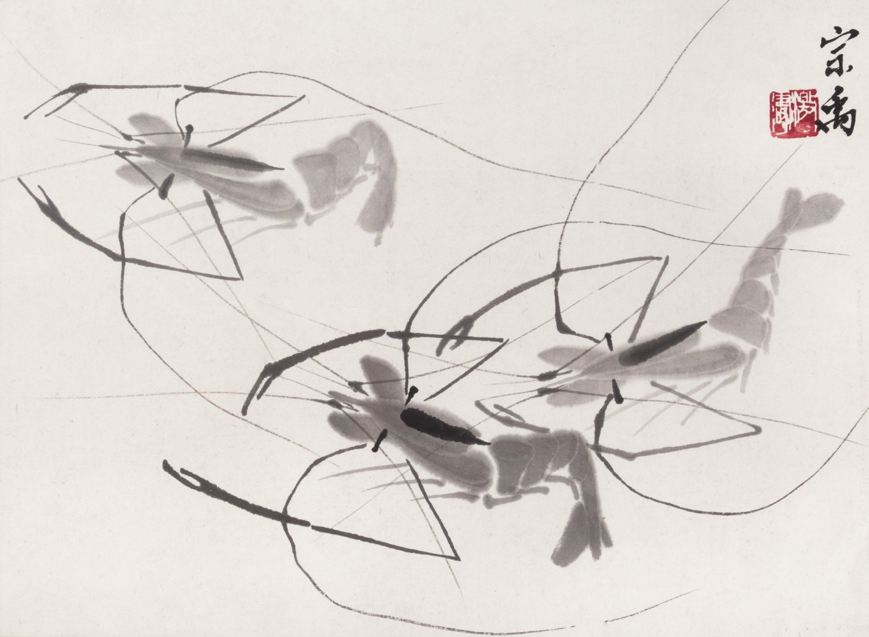 An Ink on Paper Painting, 20TH CENTURY, Three Shrimps