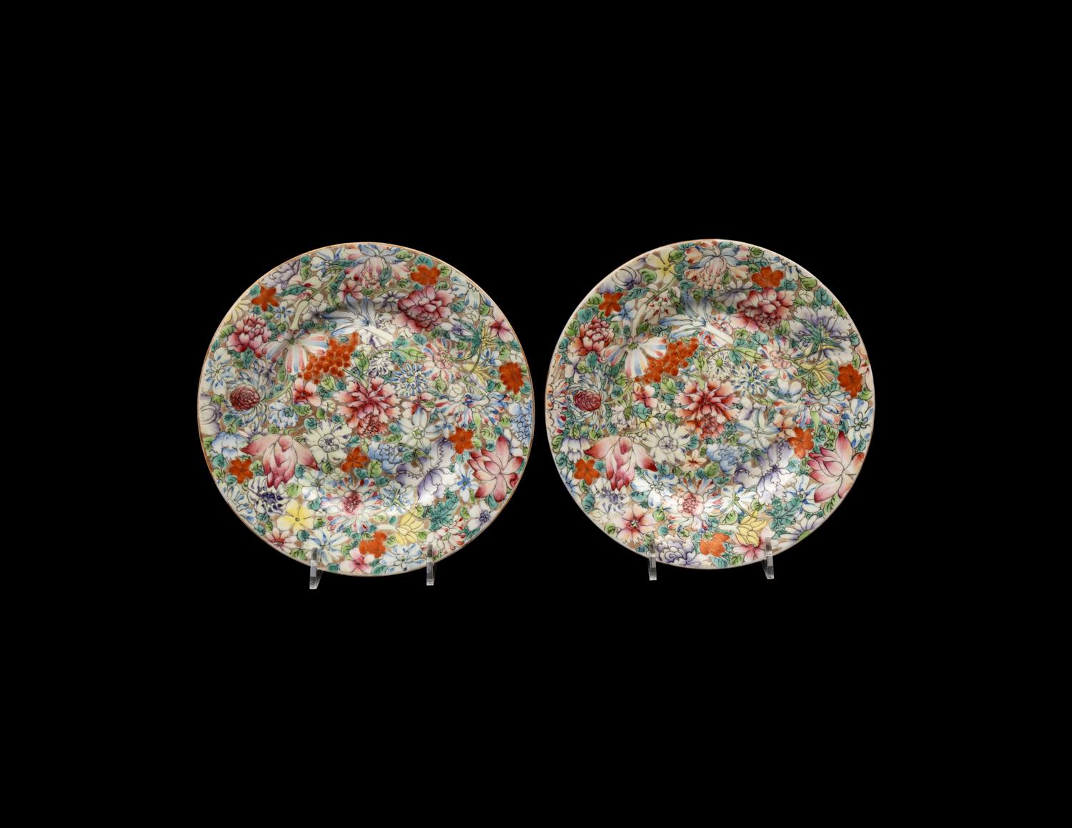A Pair of Chinese Famille Rose 'Millefleur' Porcelain Plates