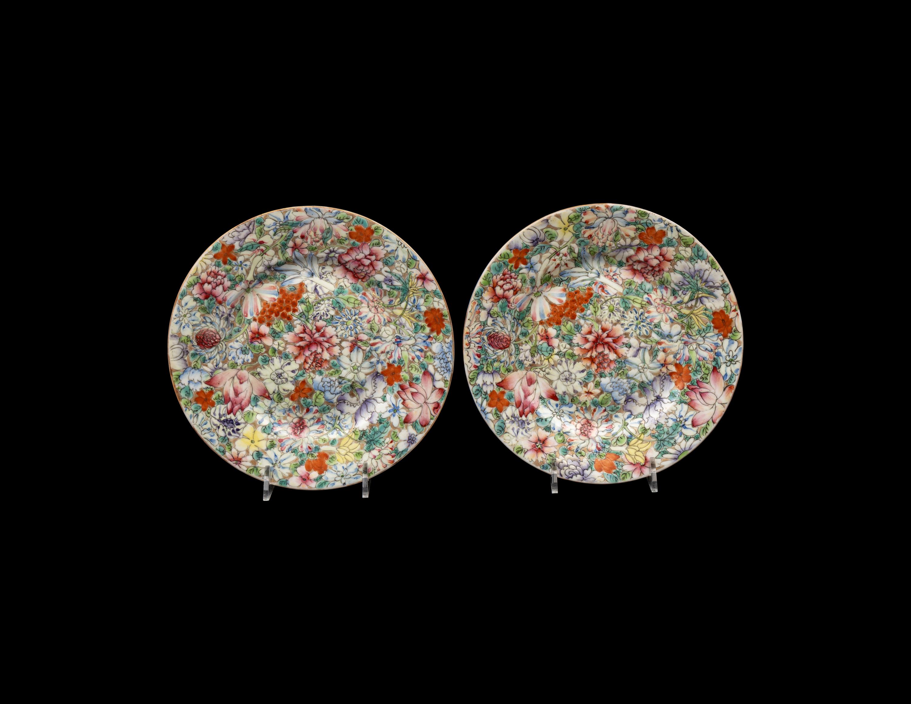 A Pair of Chinese Famille Rose 'Millefleur' Porcelain Plates