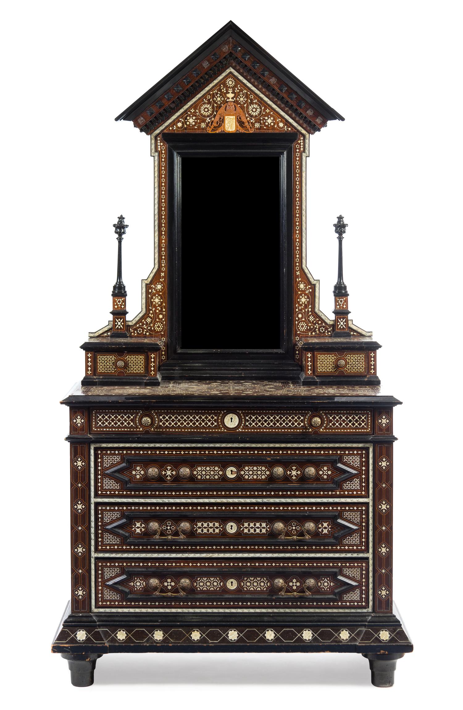 A North Italian Bone Inlaid and Parcel Ebonized Chest of Drawers Height 90 x width 48 x depth 24 inches. — 19TH CENTURY