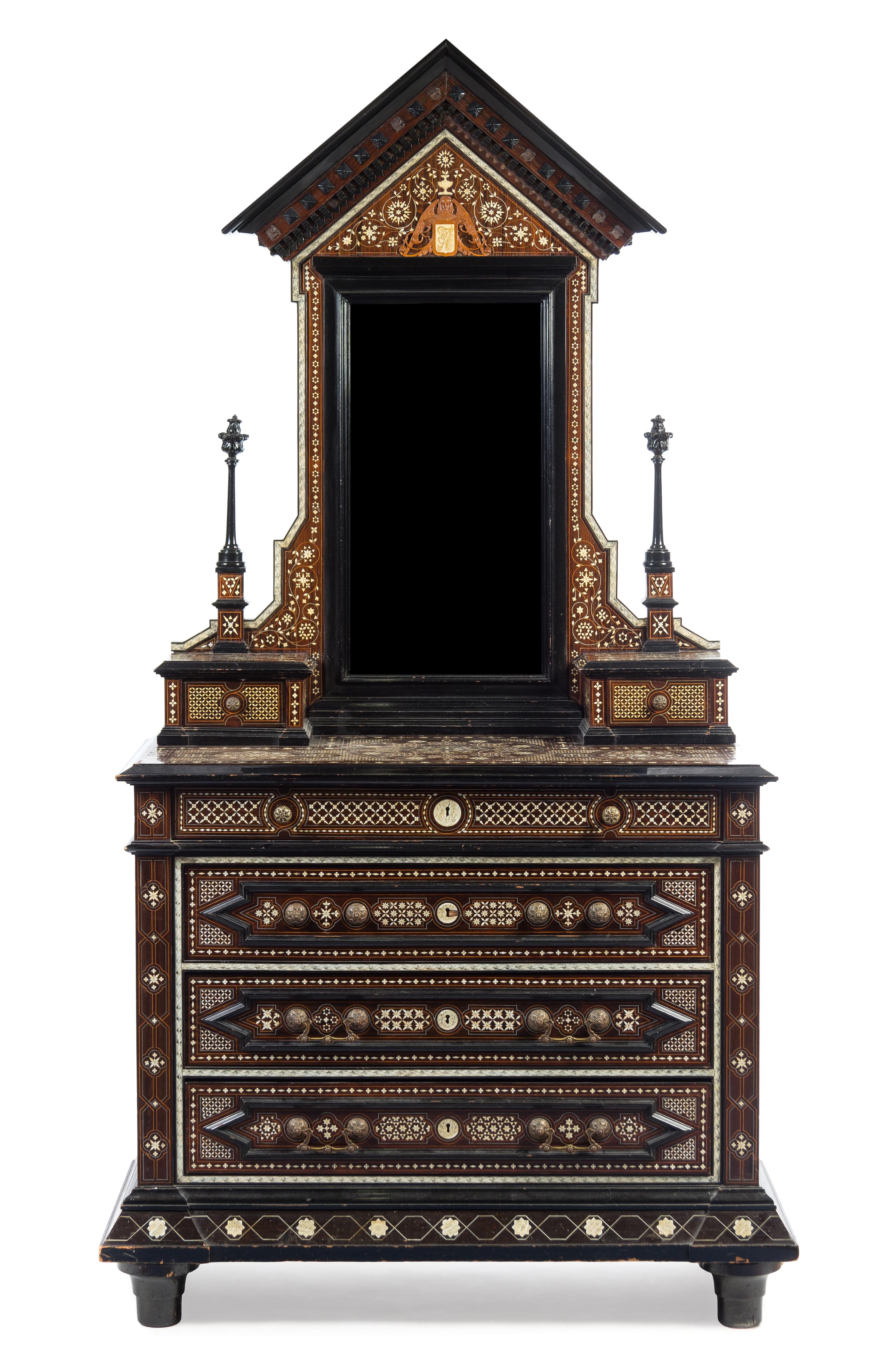 A North Italian Bone Inlaid and Parcel Ebonized Chest of Drawers Height 90 x width 48 x depth 24 inches. — 19TH CENTURY