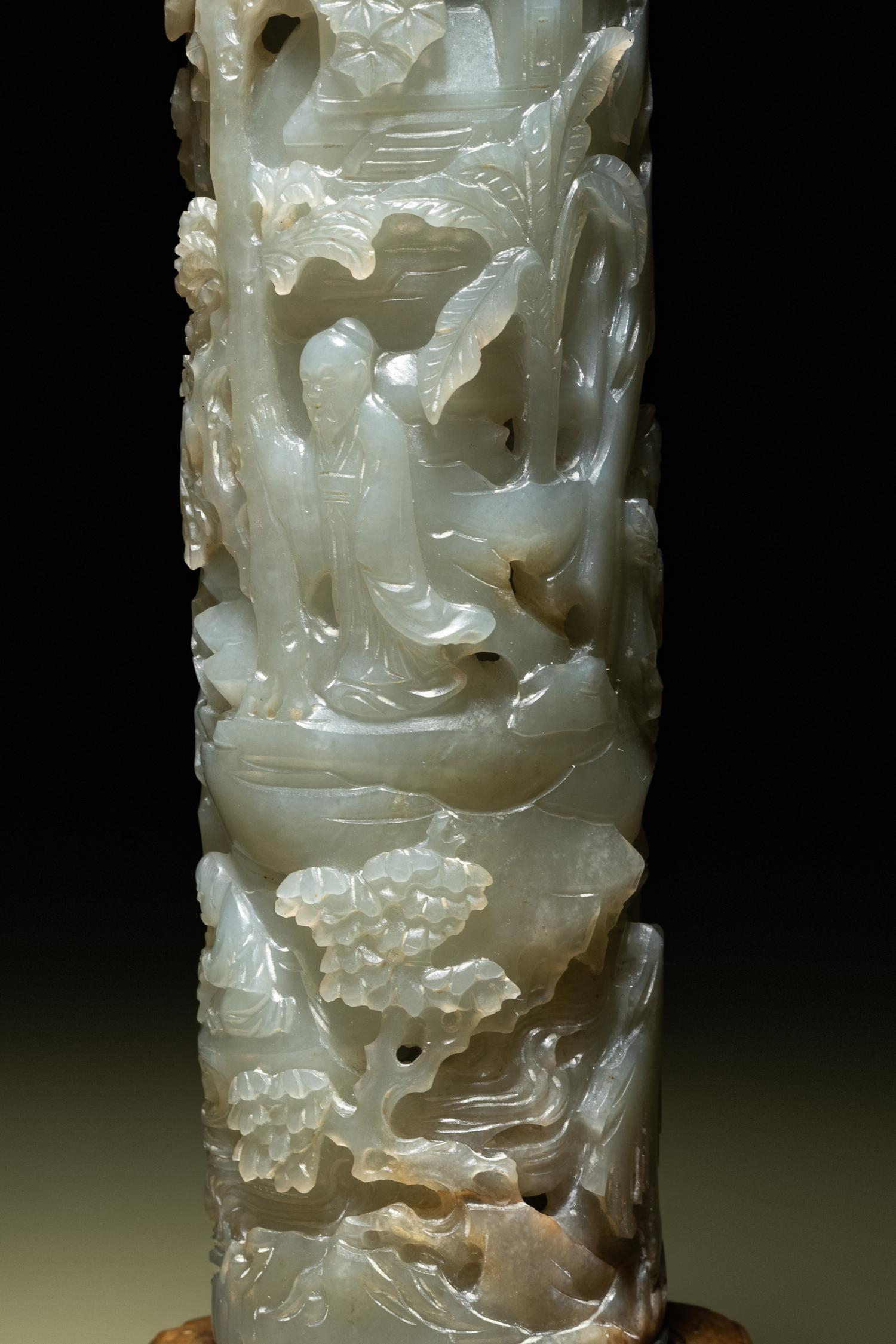 A Pair of Carved Celadon Jade Cylindrical Parfumiers