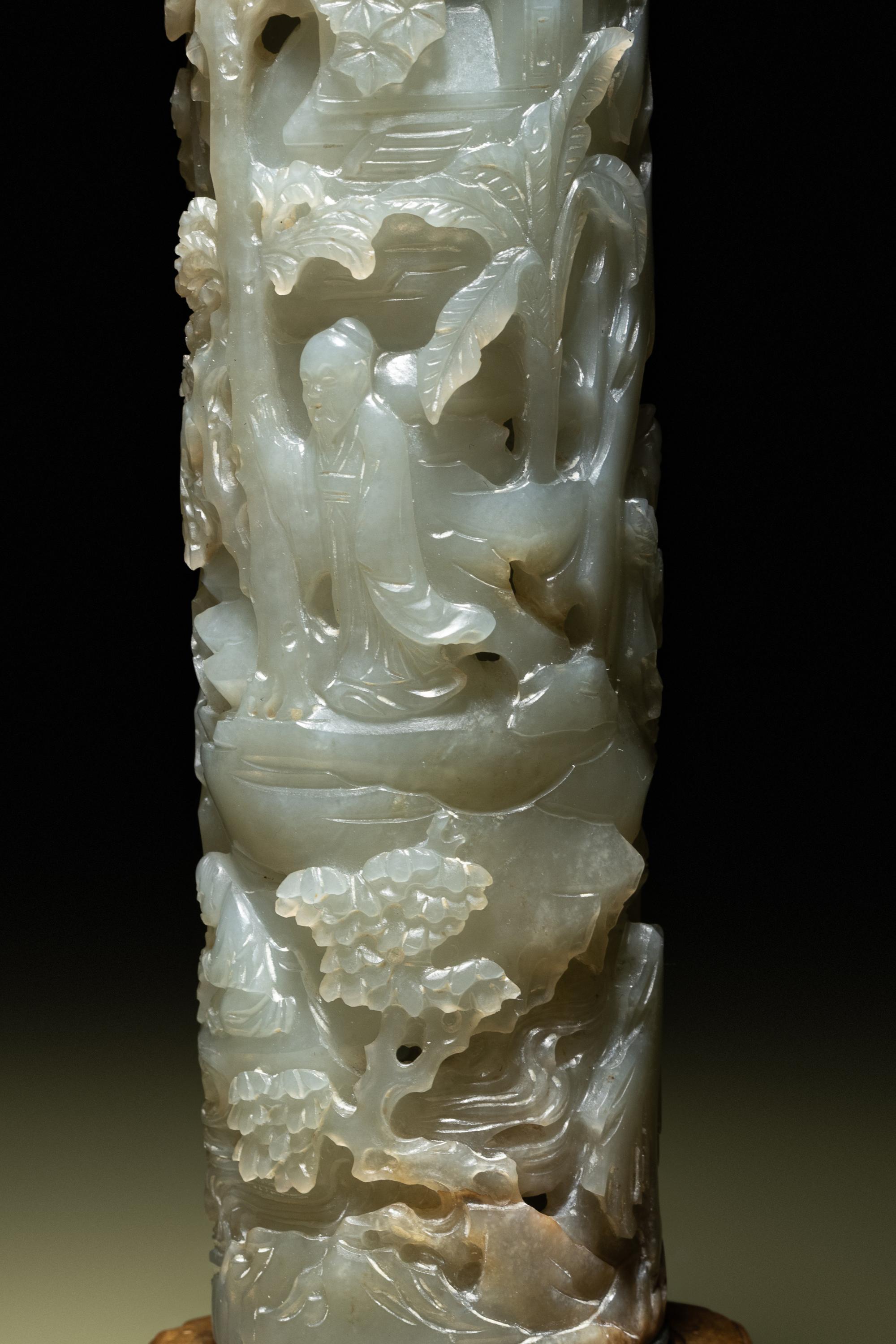 A Pair of Carved Celadon Jade Cylindrical Parfumiers