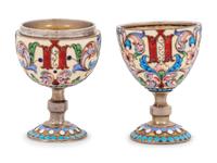 An Unusual Russian Enameled Silver Convertible Egg-Form Double Cordial Glass