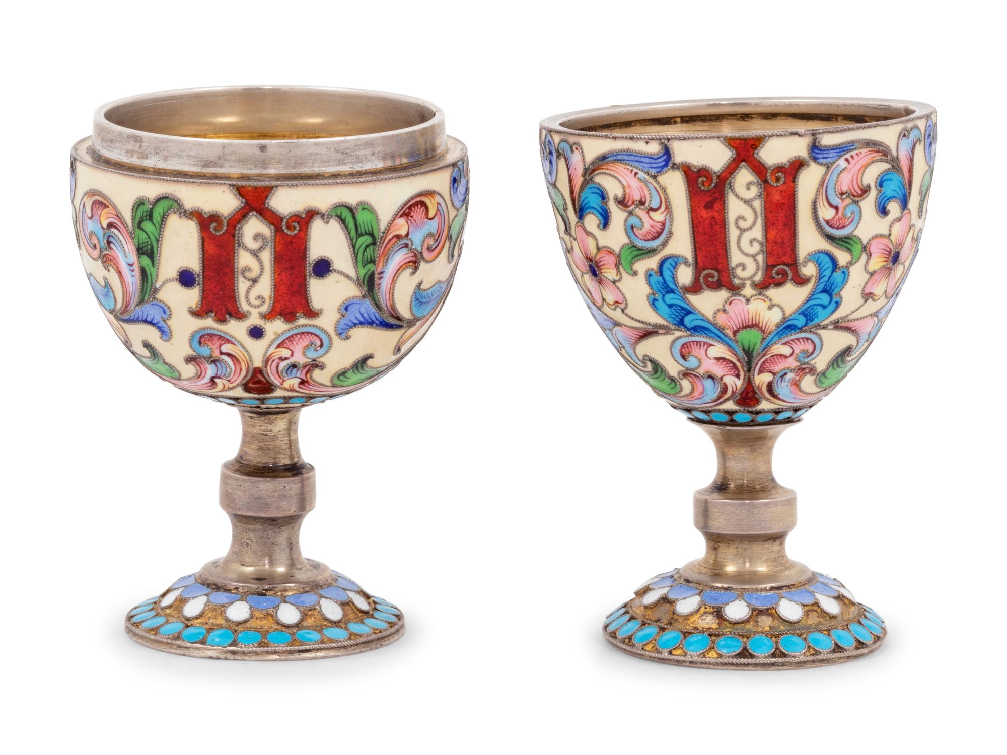 An Unusual Russian Enameled Silver Convertible Egg-Form Double Cordial Glass
