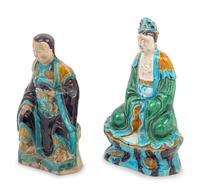 Two Turquoise, Yellow and Blue Glazed Tilework's Figures of Daoist Immortals