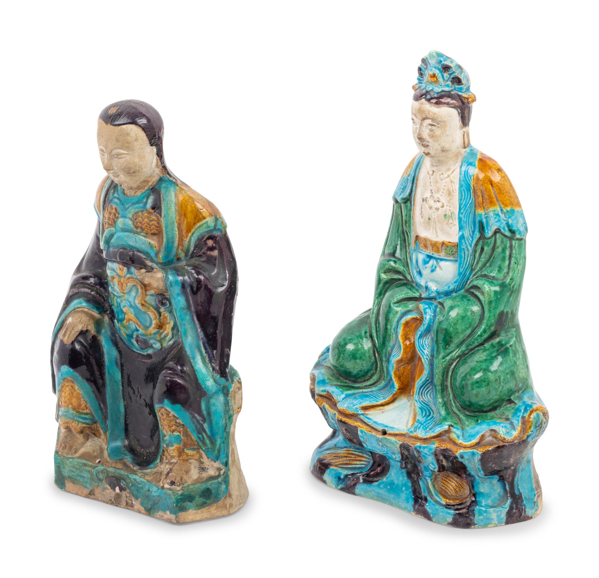Two Turquoise, Yellow and Blue Glazed Tilework's Figures of Daoist Immortals