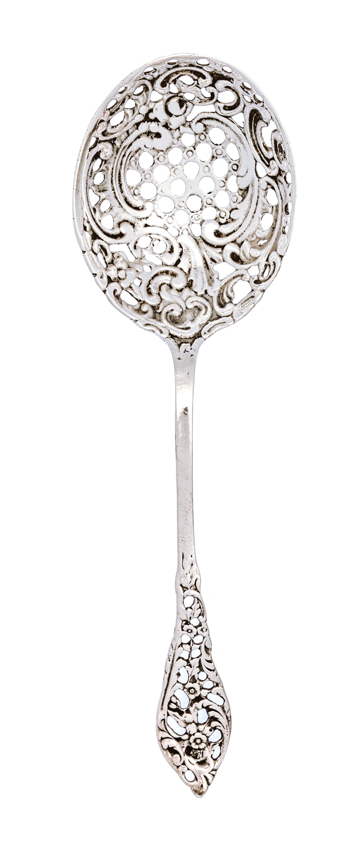An American Silver Pierced Berry Spoon, 19th Century, the bowl and handled pierced with scrolling foliate decoration.