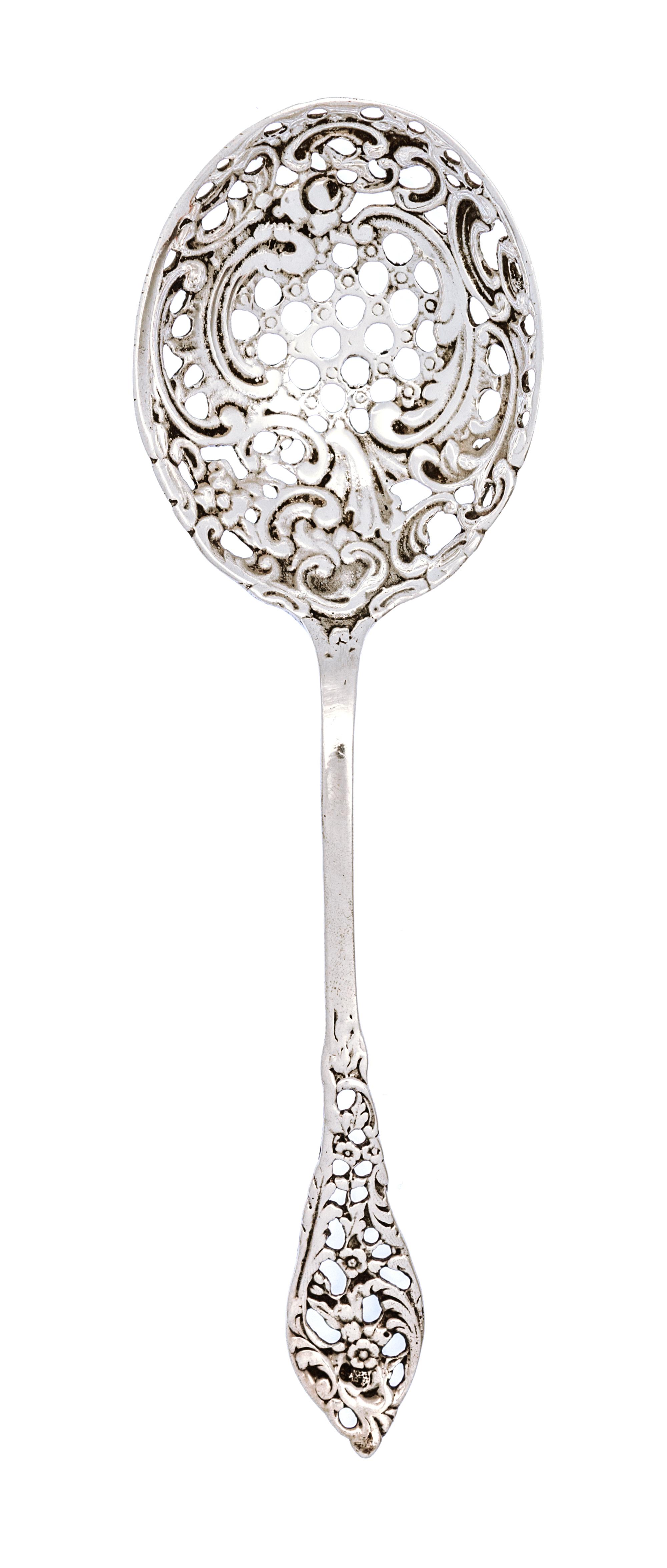 An American Silver Pierced Berry Spoon, 19th Century, the bowl and handled pierced with scrolling foliate decoration.