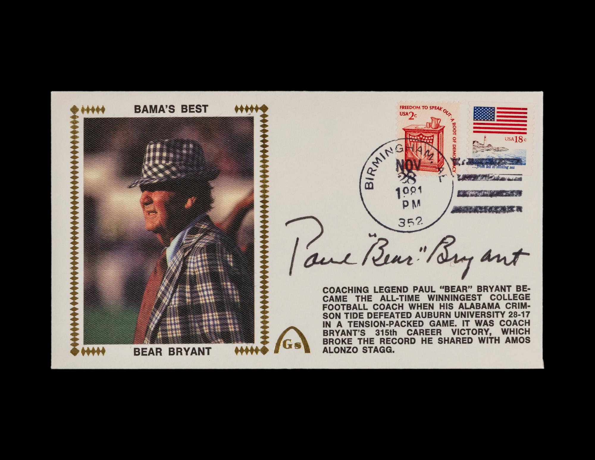 A Paul Bear Bryant Signed Autograph Cachet (Beckett Authentication Services)