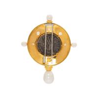 COIN, DIAMOND, CULTURED PEARL, AND YELLOW GOLD BROOCH