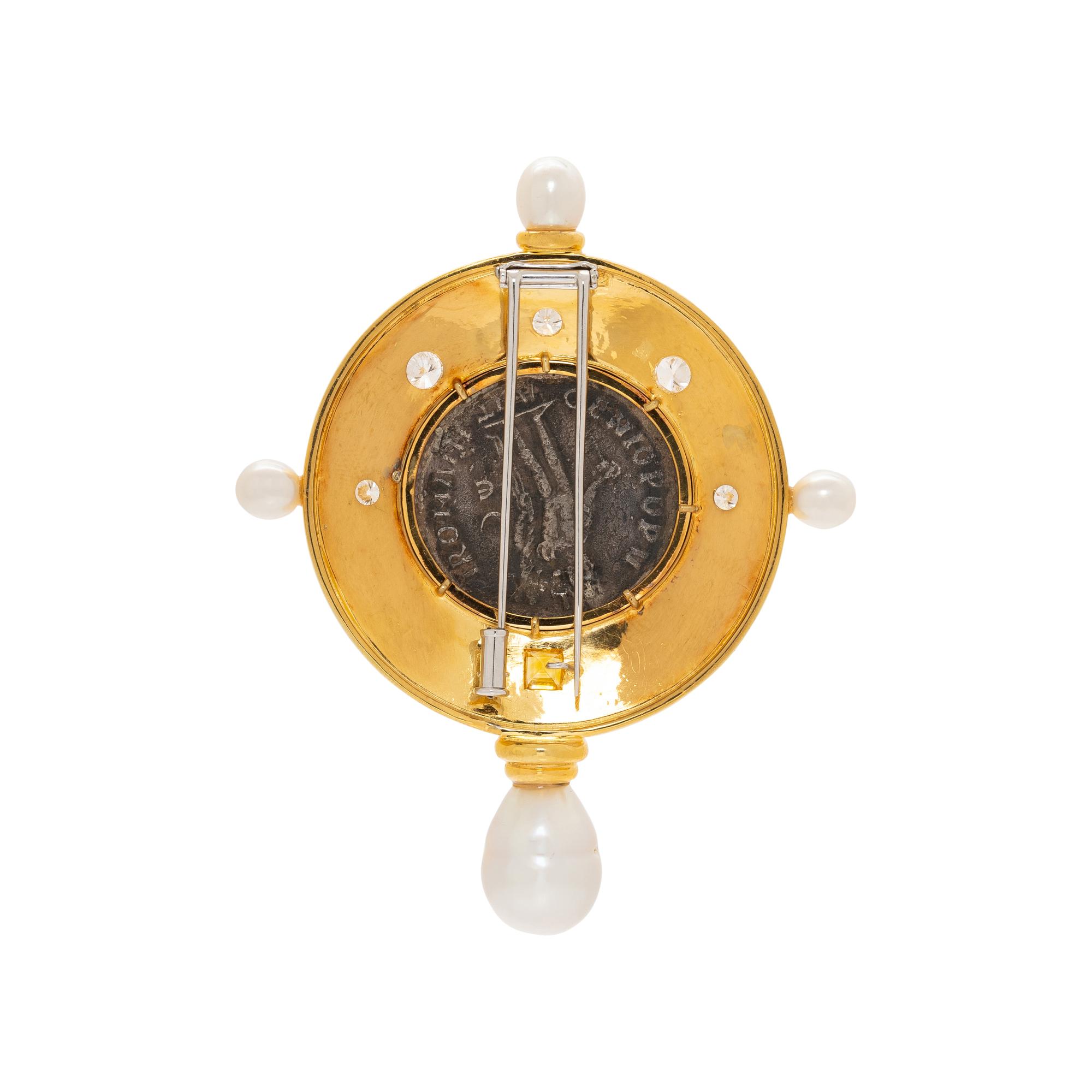COIN, DIAMOND, CULTURED PEARL, AND YELLOW GOLD BROOCH