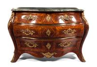 A Louis XV Style Parquetry and Gilt Bronze Mahogany Commode, Height 32 x width 72 x depth 23 inches.